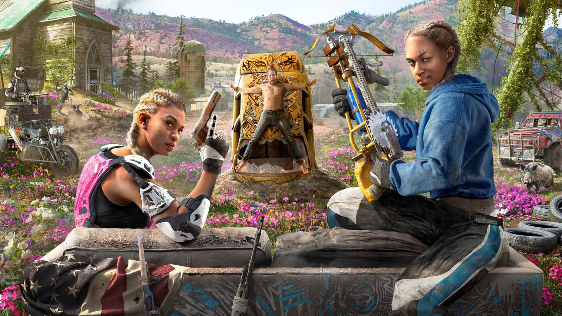 Far Cry 5 桌布 壁紙 — 兩名武裝女性在後末日時代的粉紅色花田中，背景有教堂和損毀的車輛。