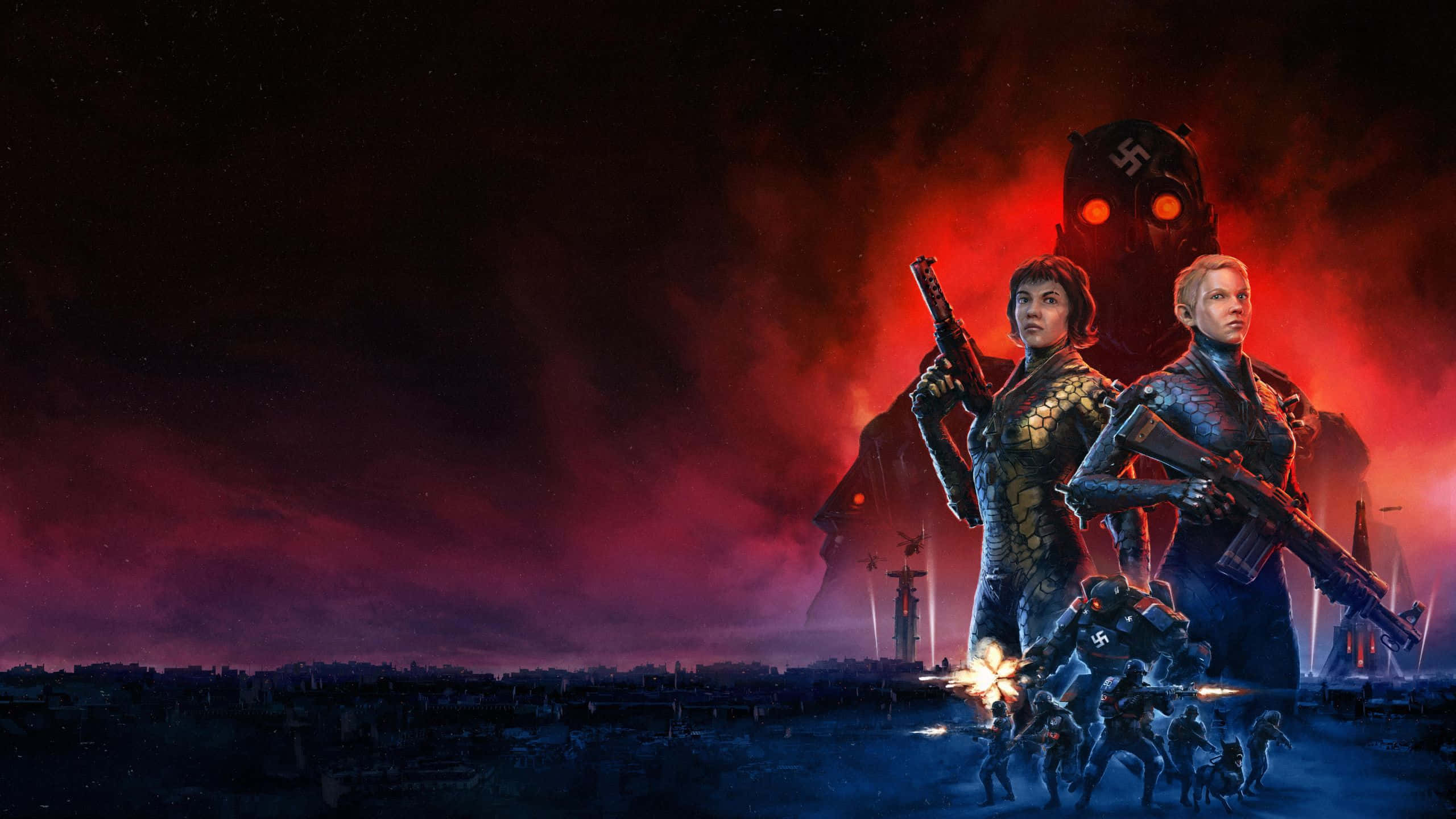 Wolfenstein Ii 桌布 壁紙 — 兩名武裝女性在血紅色的天空下，站在一座廢墟城市景觀上，挑釁地站在一個高聳的機械敵人面前。