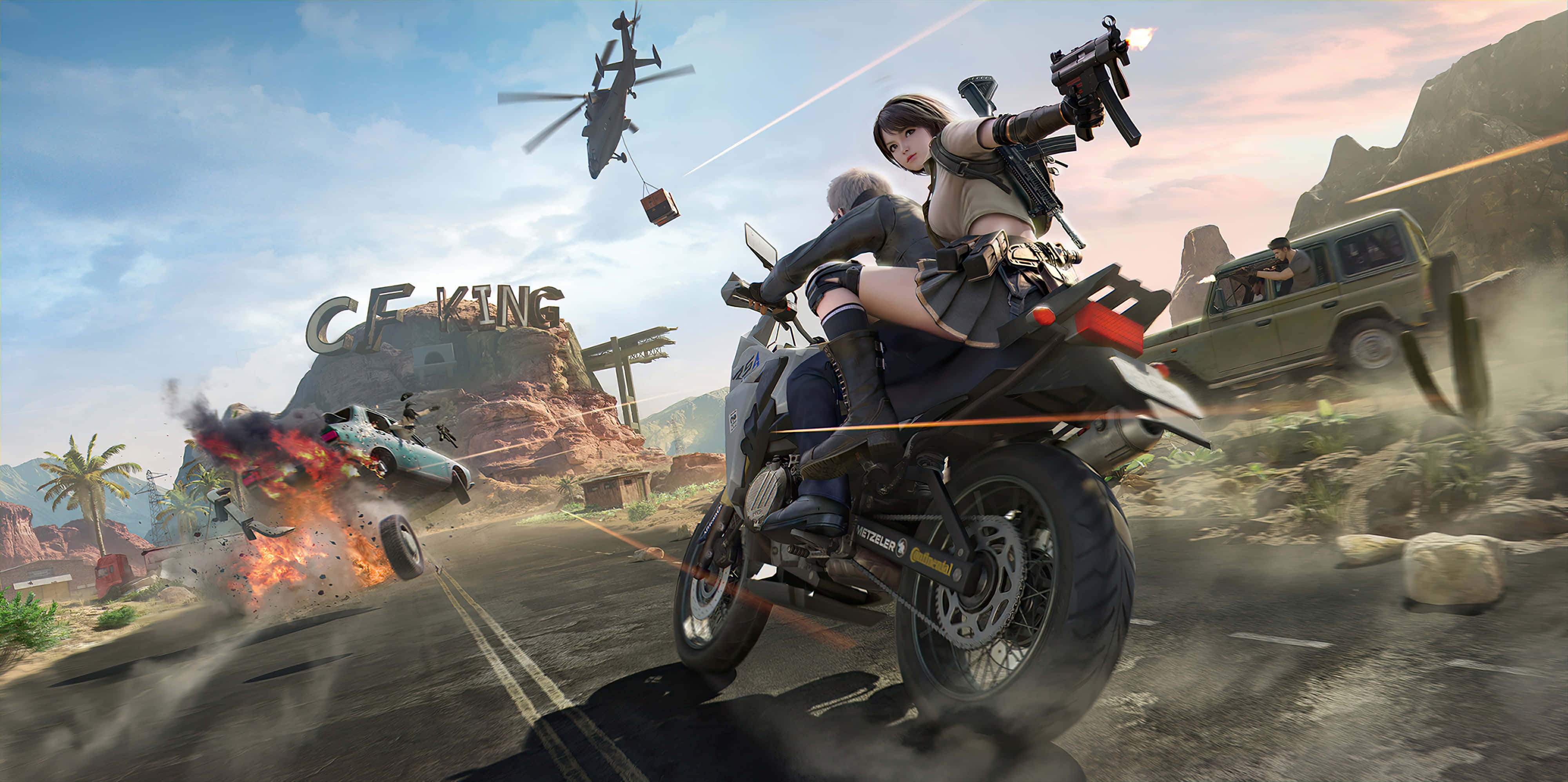 free fire 4K 桌布 壁紙 — 兩名武裝戰士騎著摩托車穿越沙漠戰場，頭頂有爆炸和直升機。