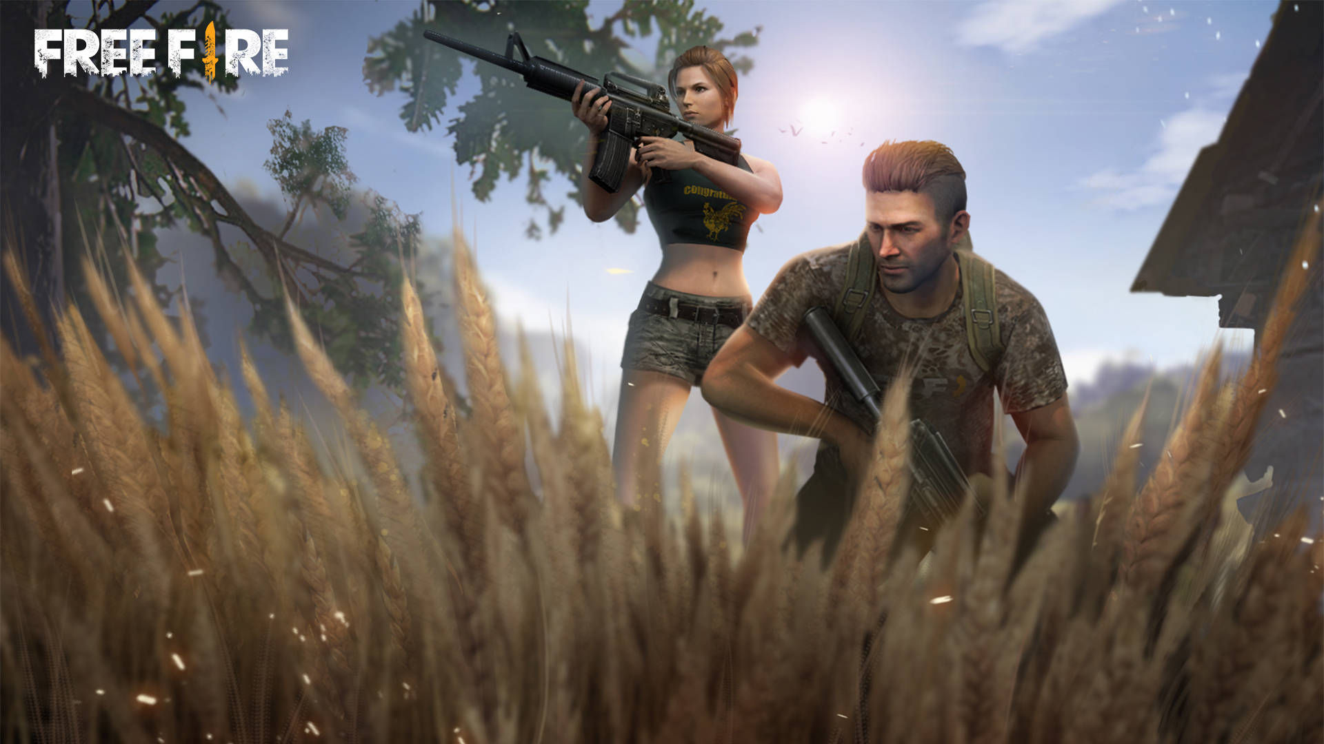 Garena 桌布 壁紙 — 兩名武裝玩家在 Free Fire 遊戲場景中，在明亮的陽光下蹲在高高的金色草叢中。