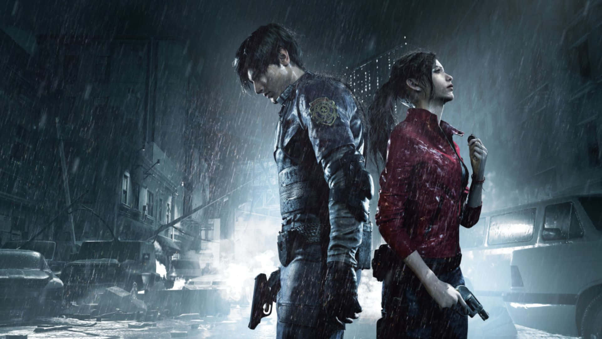 Resident Evil Characters 桌布 壁紙 — 兩名武裝生還者在昏暗的應急燈光下，在被雨水浸透的廢墟城市街道上背對背站著。