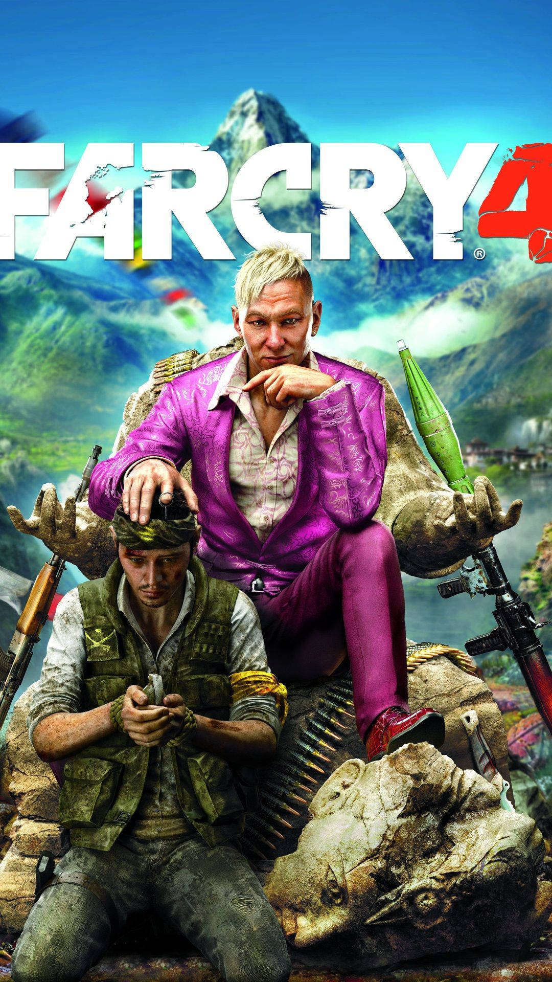 far cry iPhone 桌布 壁紙 — 兩名武裝男子以山脈為背景，與 Far Cry 4 標誌一起戲劇性地擺姿勢。