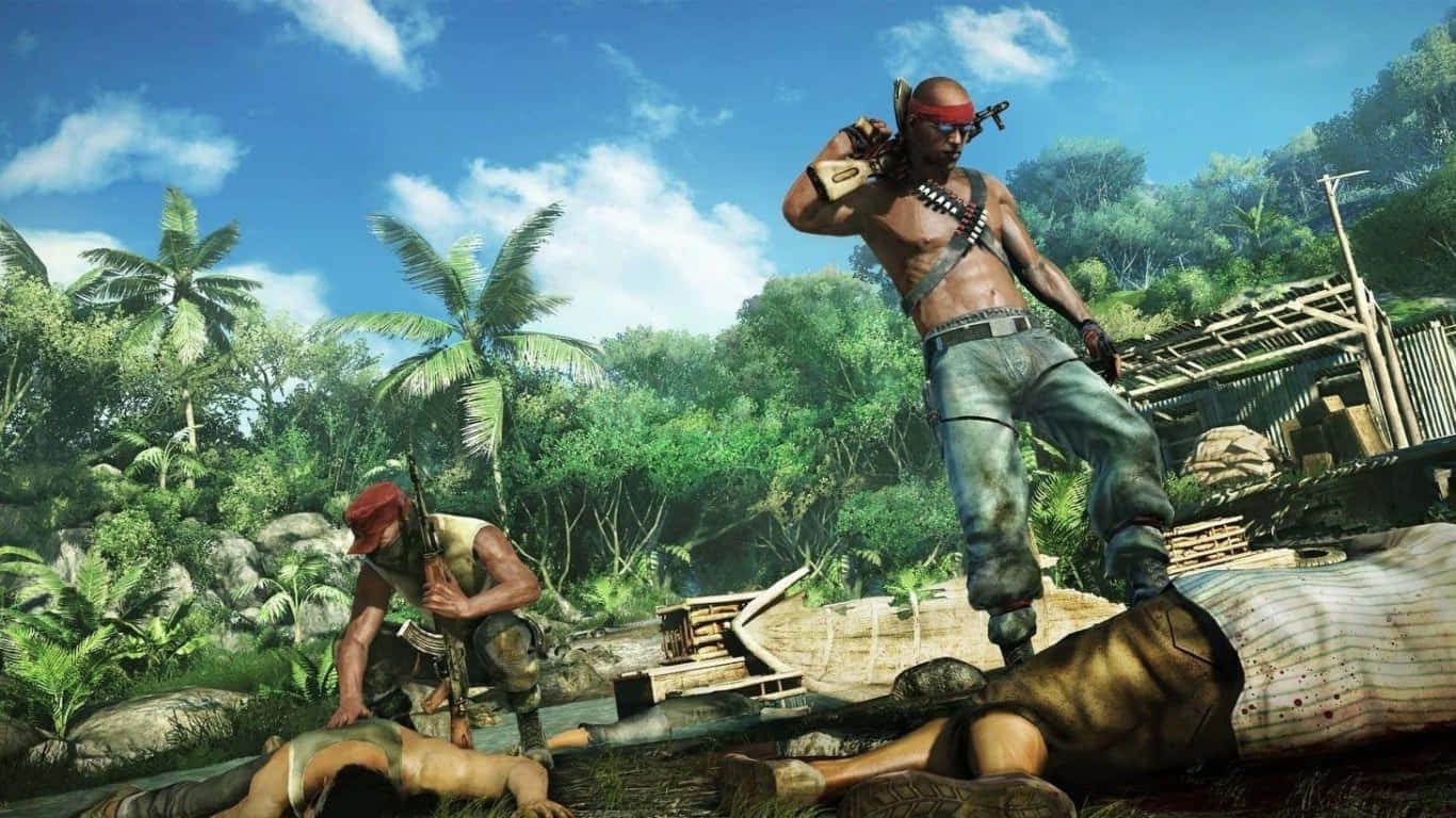 1366x768 Far Cry 3 桌布 壁紙 — 兩名武裝男子在熱帶叢林中，一人站在倒下的敵人上方，另一人蹲在屍體旁。