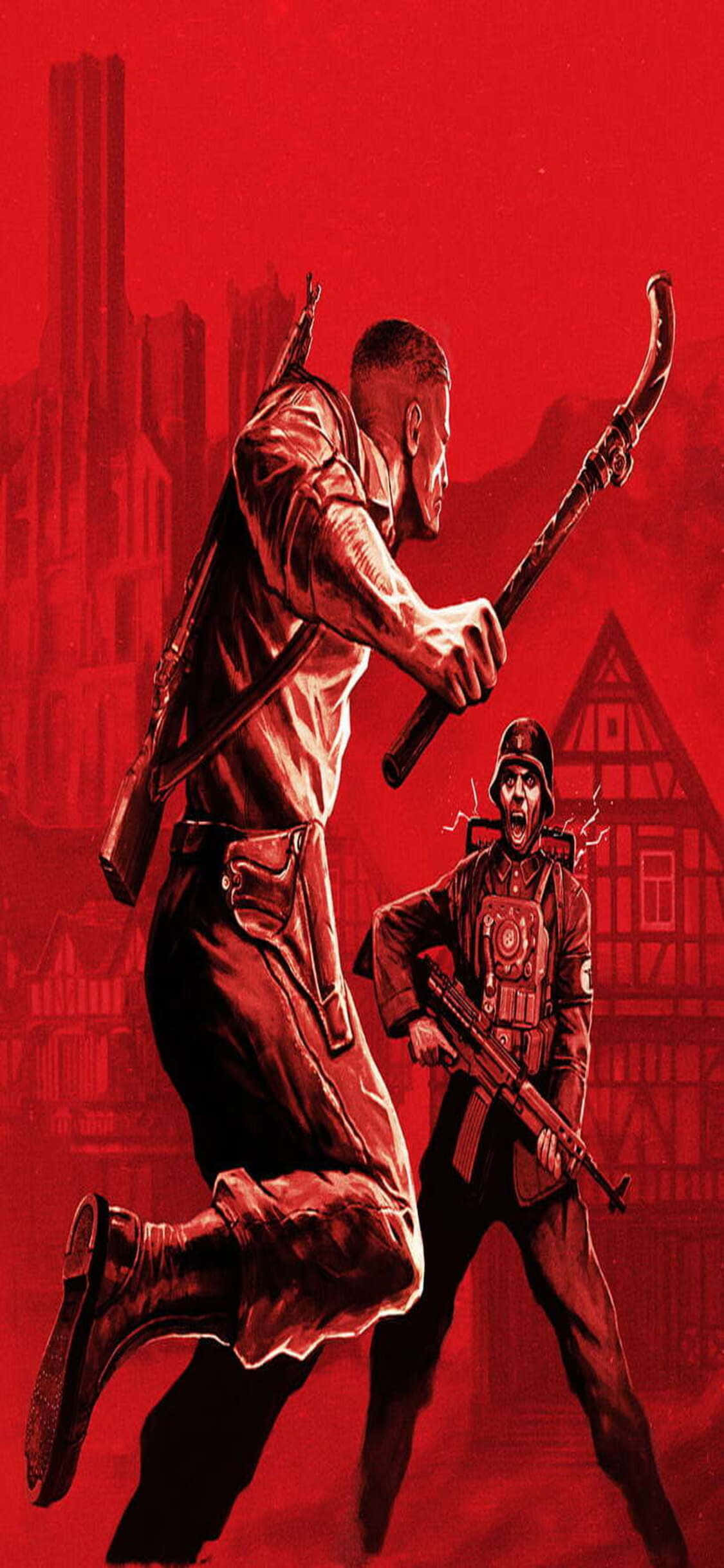 iPhone Xs Wolfenstein Ii 桌布 壁紙 — 兩名武裝男子在紅色調的城市環境中，一人手持彎刀向前躍進，另一人則持步槍準備就緒。