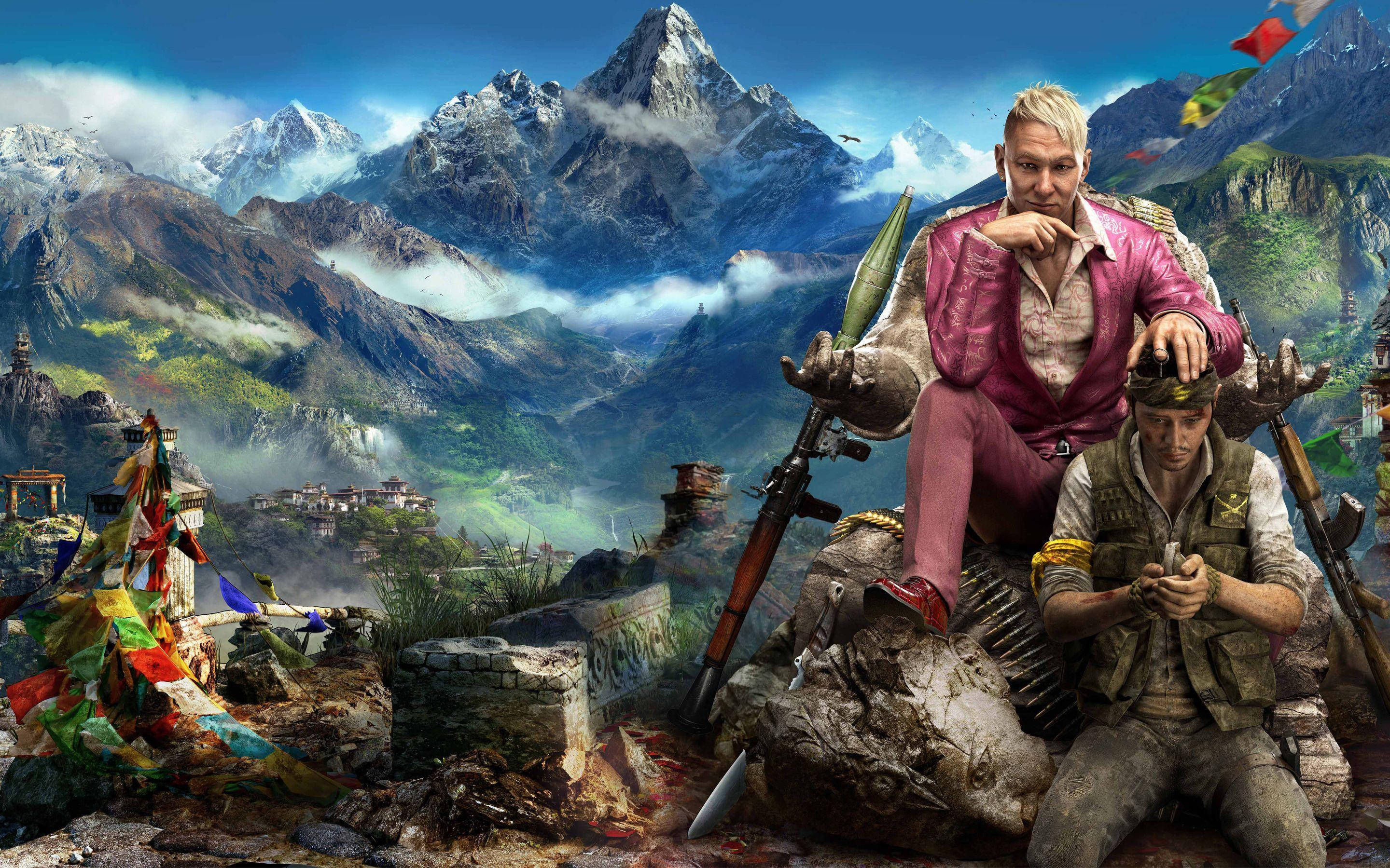 Far Cry 4 桌布 壁紙 — 兩名武裝男子坐在岩石山崖上，俯瞰著一個山谷，山谷中有積雪的山峰和隨風飄揚的經幡。