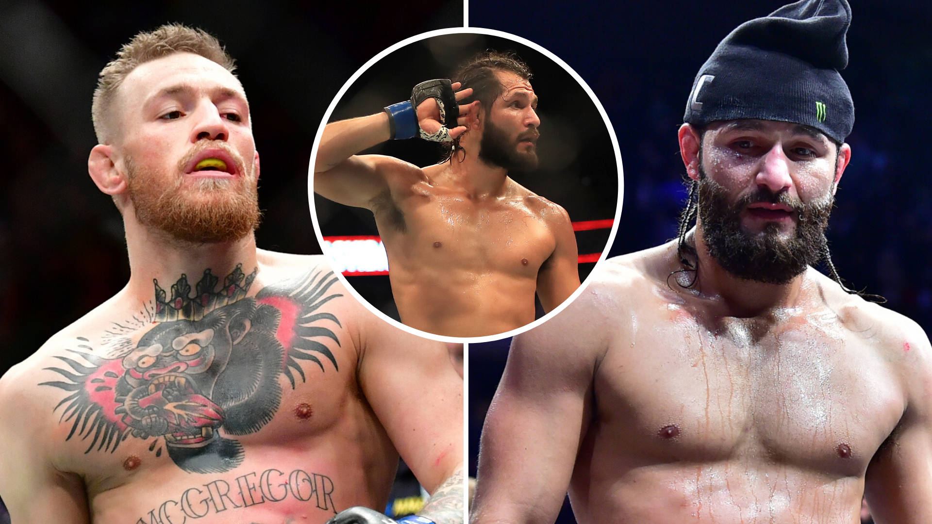 UFC 桌布 壁紙 — 兩名汗流浹背、有刺青和鬍鬚的男性拳擊手在拳擊台上激烈對視，圓形插圖中一名拳擊手舉起戴手套的手。