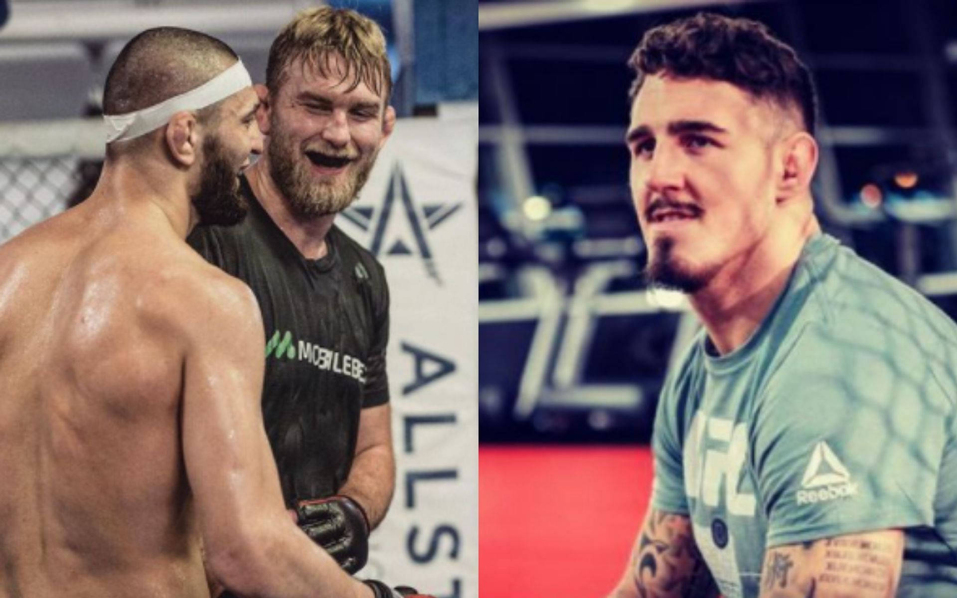 UFC 桌布 壁紙 — 兩名汗流浹背的MMA拳手在八角籠中分享歡樂時刻，一人開懷大笑，另一人則專注地注視著。