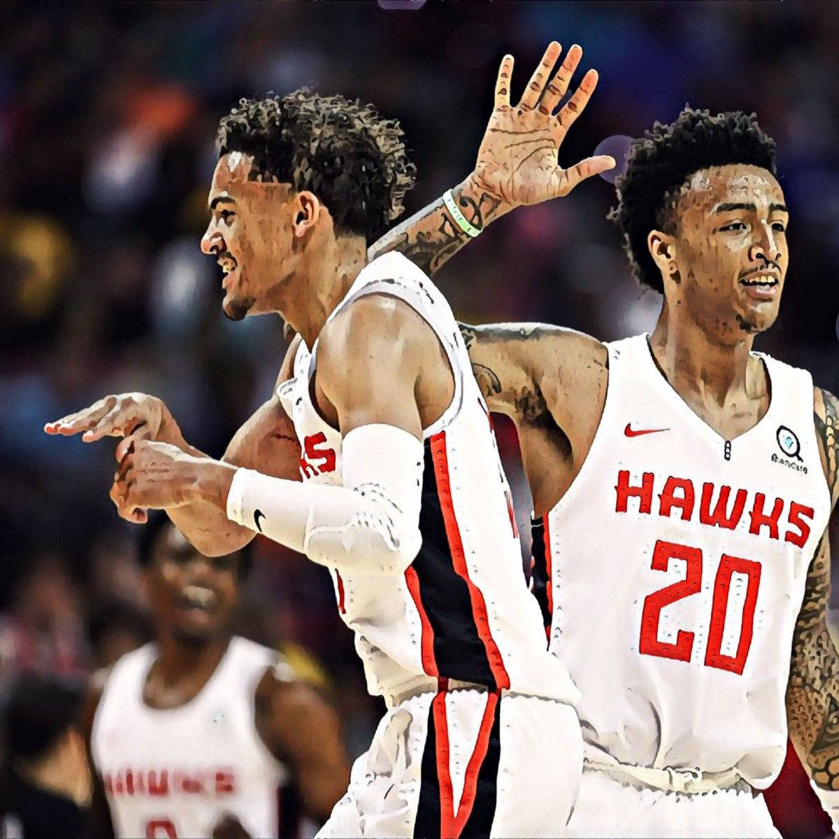 John Collins 桌布 壁紙 — 兩名汗流浹背的亞特蘭大老鷹隊籃球運動員在比賽中激烈慶祝，身上有刺青，穿著紅白相間的球衣。