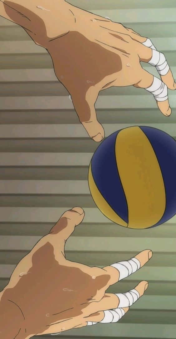 Cute Volleyball 桌布 壁紙 — 兩名汗流浹背的排球選手的手伸向藍黃相間的球，背景是條紋看台。