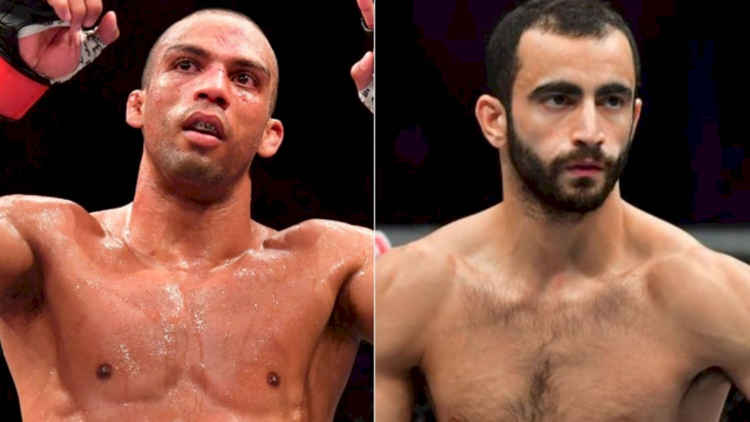 UFC 桌布 壁紙 — 兩名汗流浹背的男性拳手在搏擊運動場館中於比賽前互相凝視。