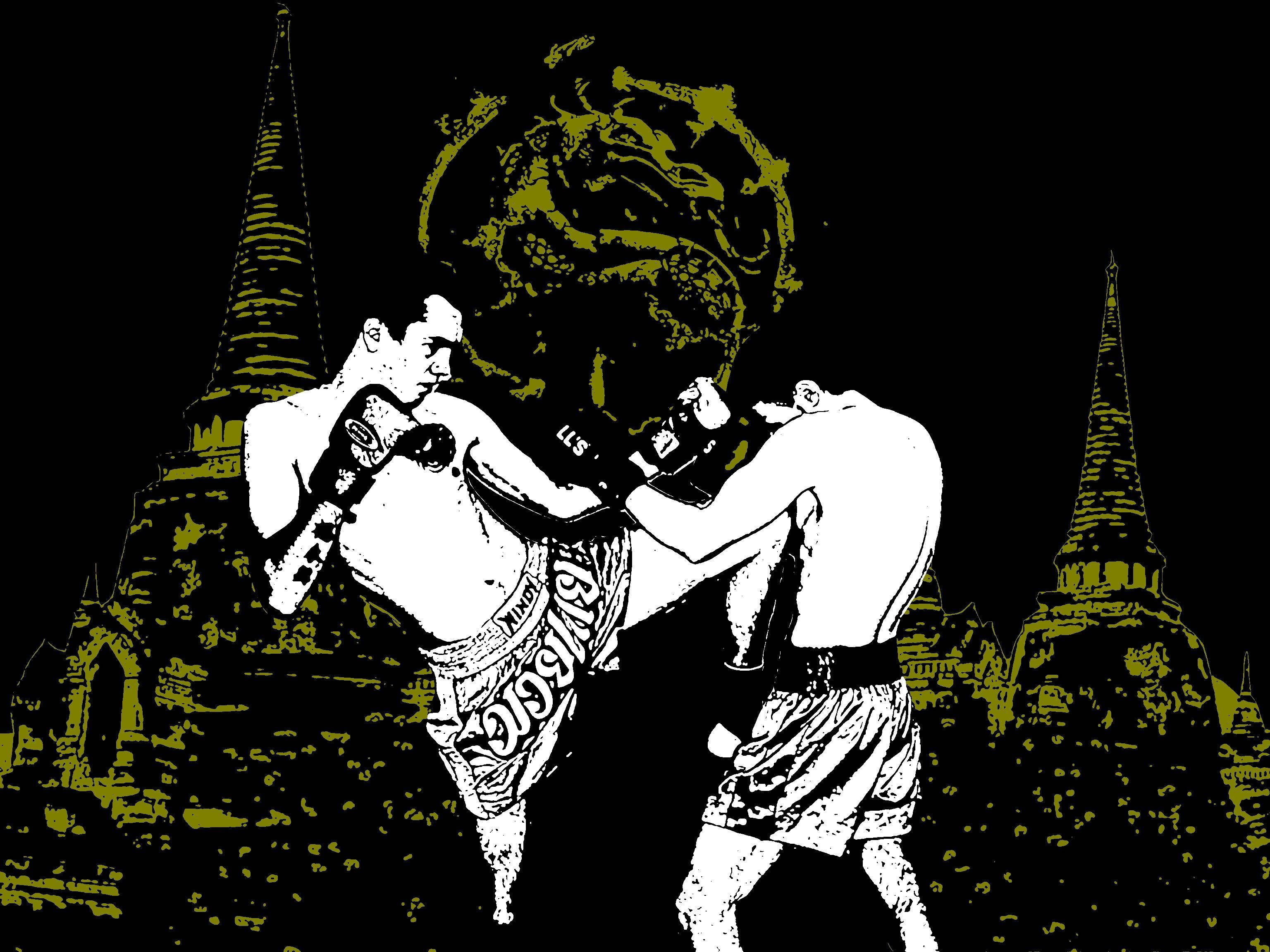 Boxing 桌布 壁紙 — 兩名泰拳拳手在寺廟尖頂和龍的背景下，以風格化的黑色和橄欖綠插圖交鋒。
