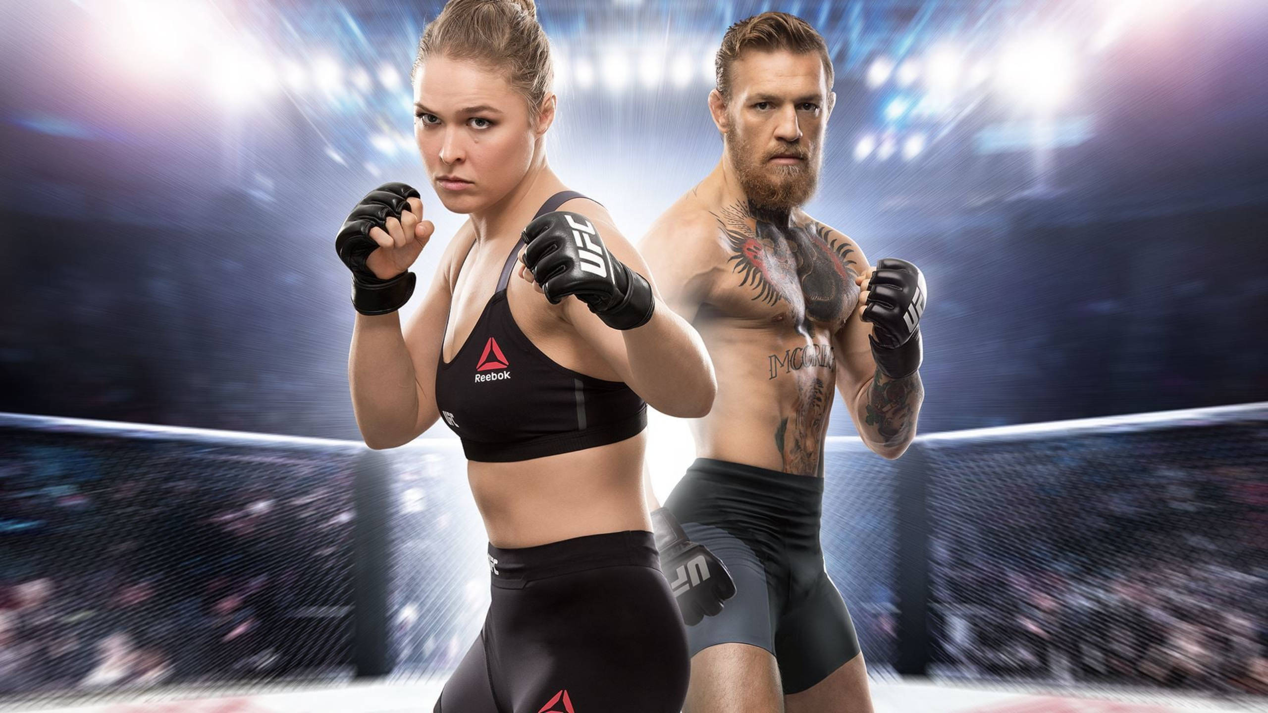 Mcgregor 桌布 壁紙 — 兩名混合武術選手在燈光明亮的八角籠中擺好姿勢，背景是模糊的觀眾和體育場燈光。