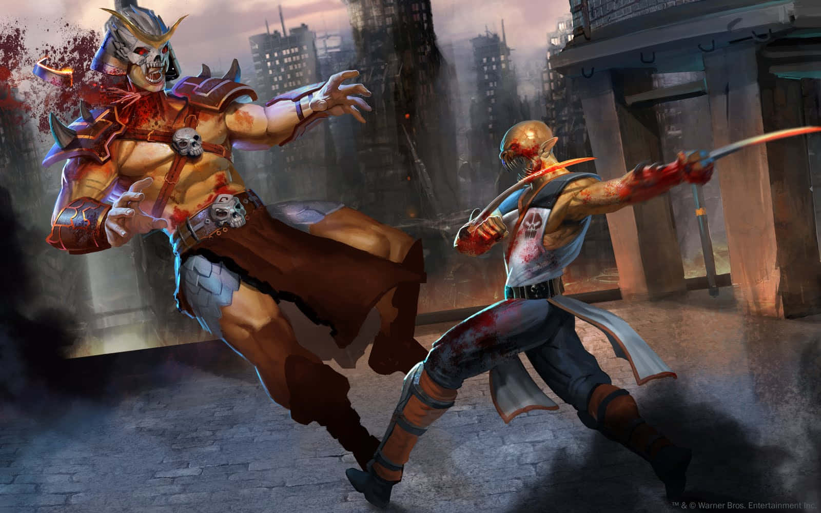 Mortal Kombat Baraka 桌布 壁紙 — 兩名渾身是血的戰士在一條破舊的城市小巷中交鋒，周圍是搖搖欲墜的建築物和翻滾的煙霧。