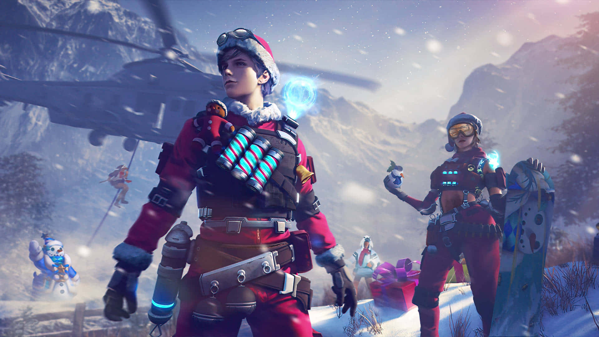 free fire 4K 桌布 壁紙 — 兩名滑雪板手穿著節日裝備站在雪山的山谷中，頭頂有直升機，雪花飄落。