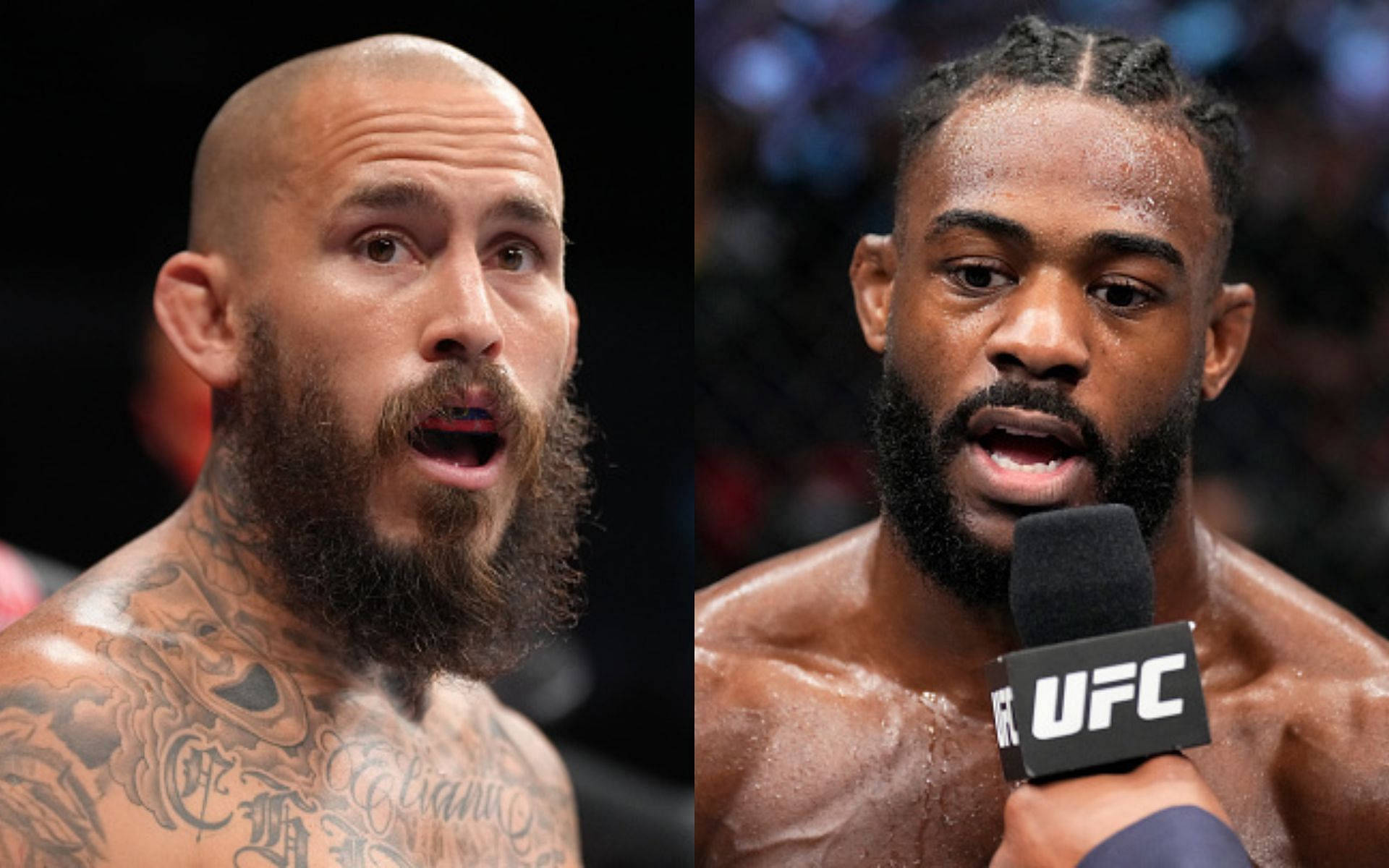 UFC 桌布 壁紙 — 兩名滿身大汗、有刺青和鬍鬚的UFC拳手在明亮的場館燈光下，於賽後訪問中激烈反應。