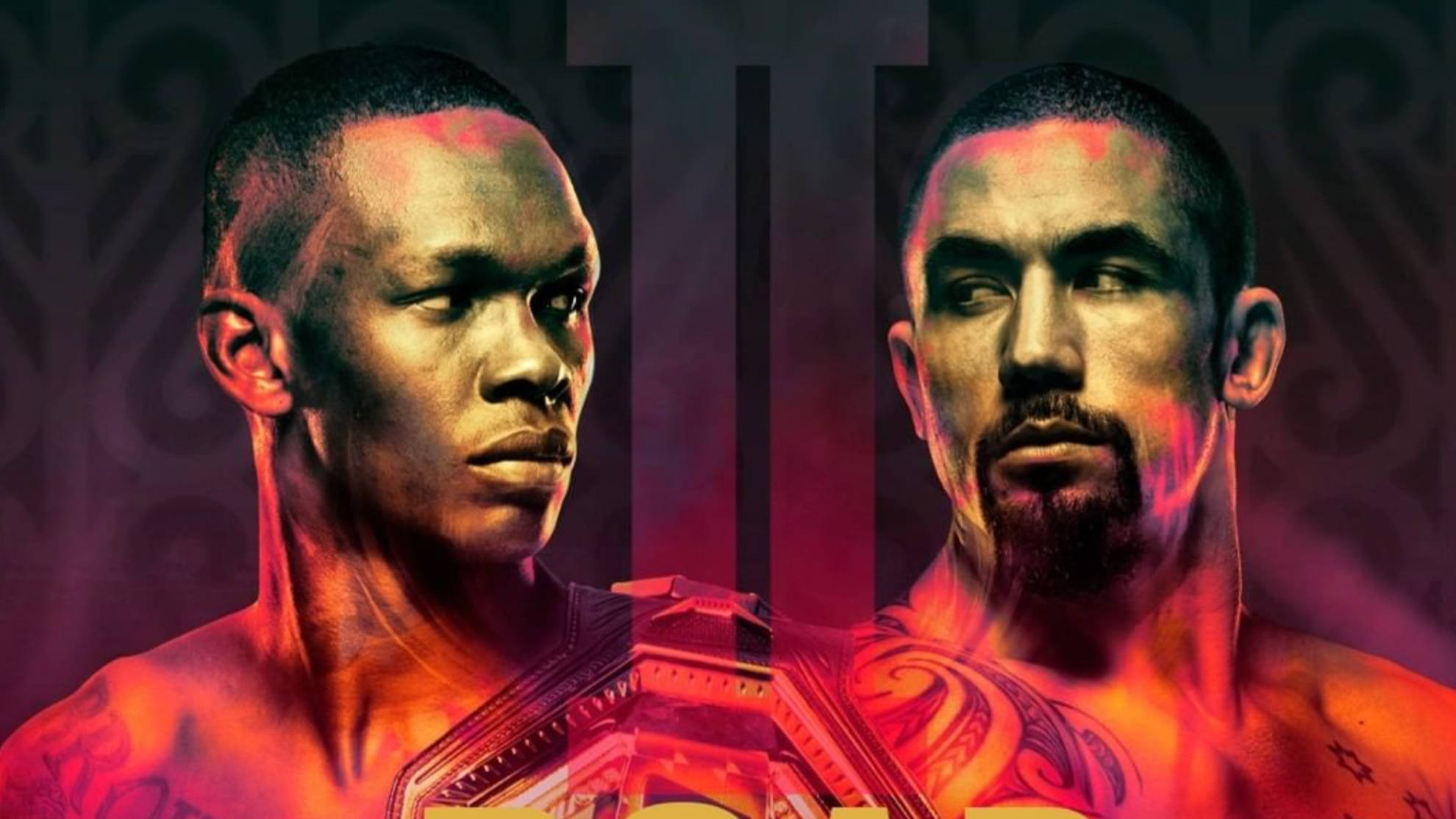 UFC 桌布 壁紙 — 兩名激烈的戰士在戲劇性的紅光下對峙，中間有一條冠軍腰帶。