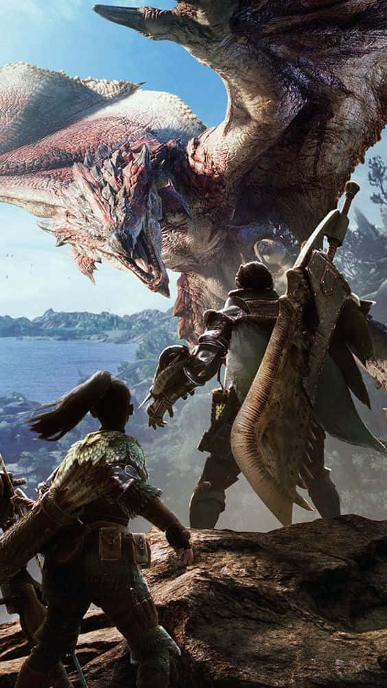 iPhone Xs Monster Hunter World 桌布 壁紙 — 兩名獵人在岩石懸崖上面對一隻巨大的有翼怪物，懸崖俯瞰著廣闊的海洋，頭頂是明亮的藍天。