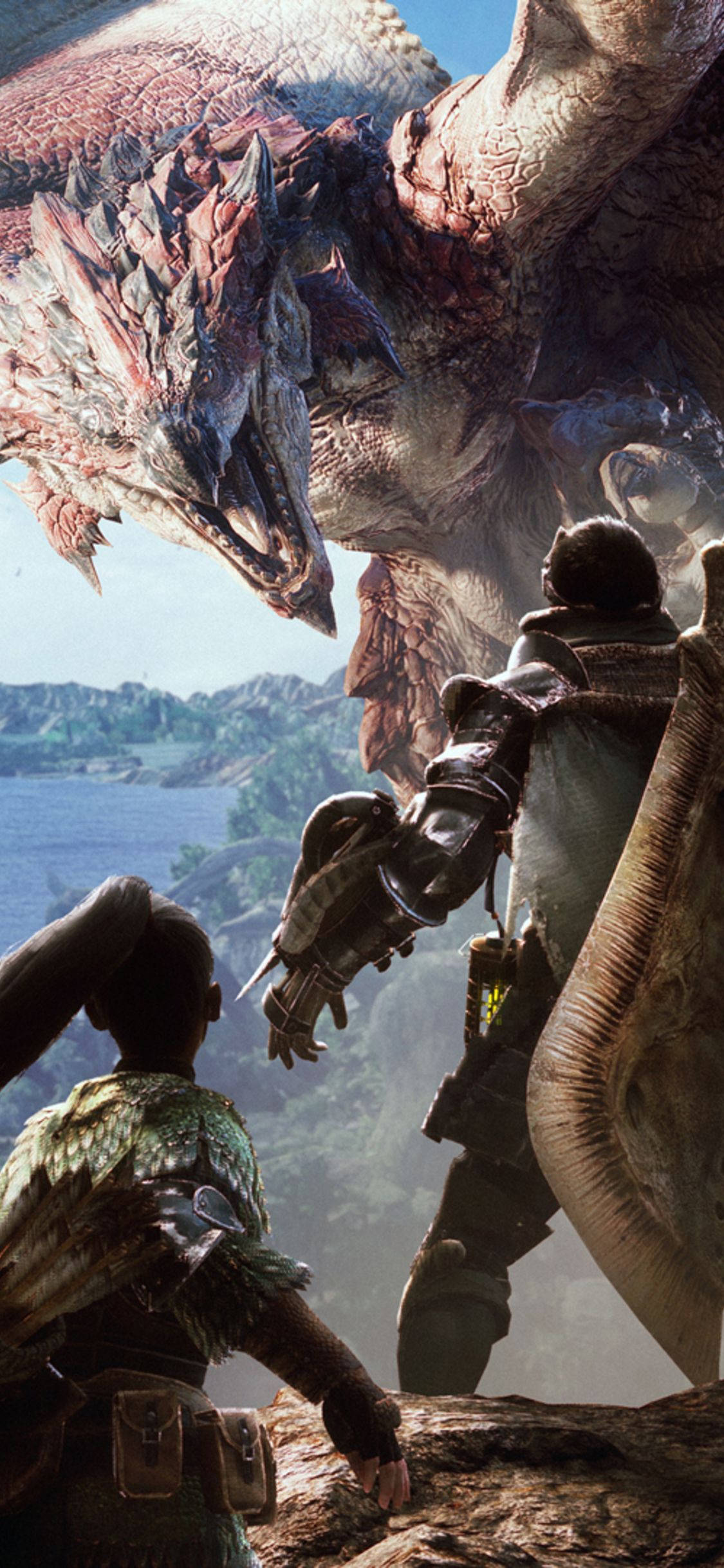 monster hunter iPhone 桌布 壁紙 — 兩名獵人在明亮的日光下，面對一隻俯瞰湖泊和山脈的巨大尖刺龍。