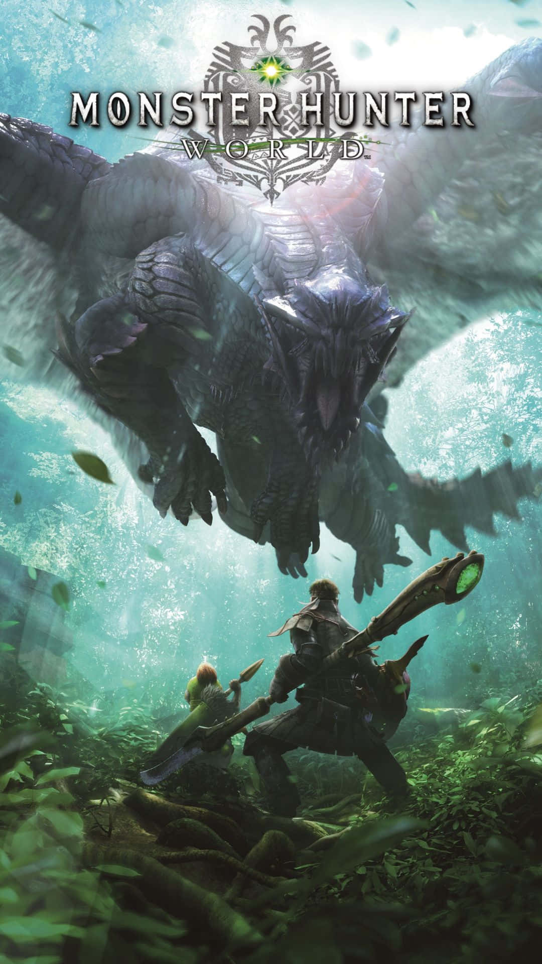 Android Monster Hunter World 桌布 壁紙 — 兩名獵人面對一隻巨大的有翼怪物，穿過迷霧籠罩的綠色叢林樹冠下降。