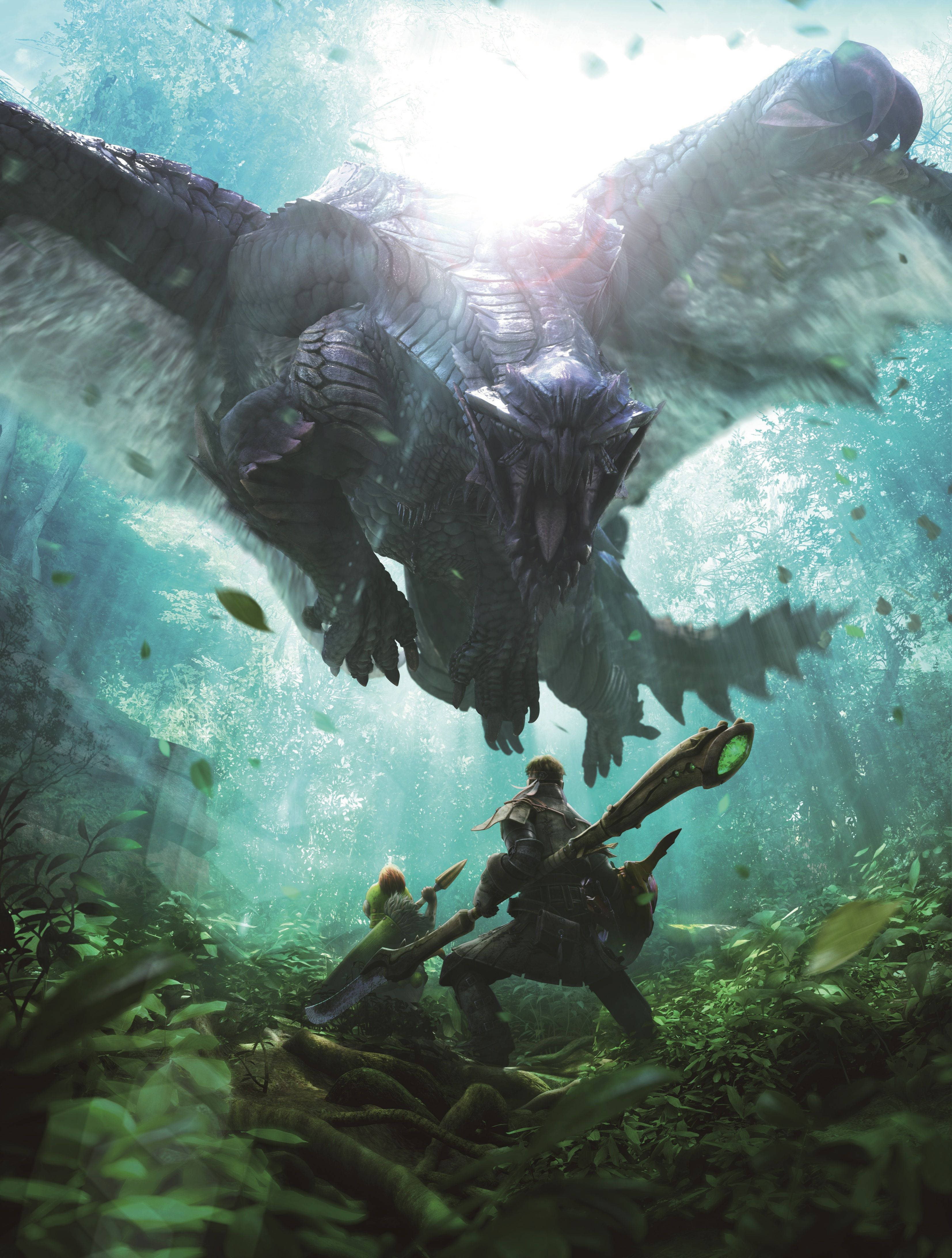 monster hunter iPhone 桌布 壁紙 — 兩名獵人面對一隻巨大的龍，在陽光明媚、霧氣瀰漫的森林樹冠中翱翔。
