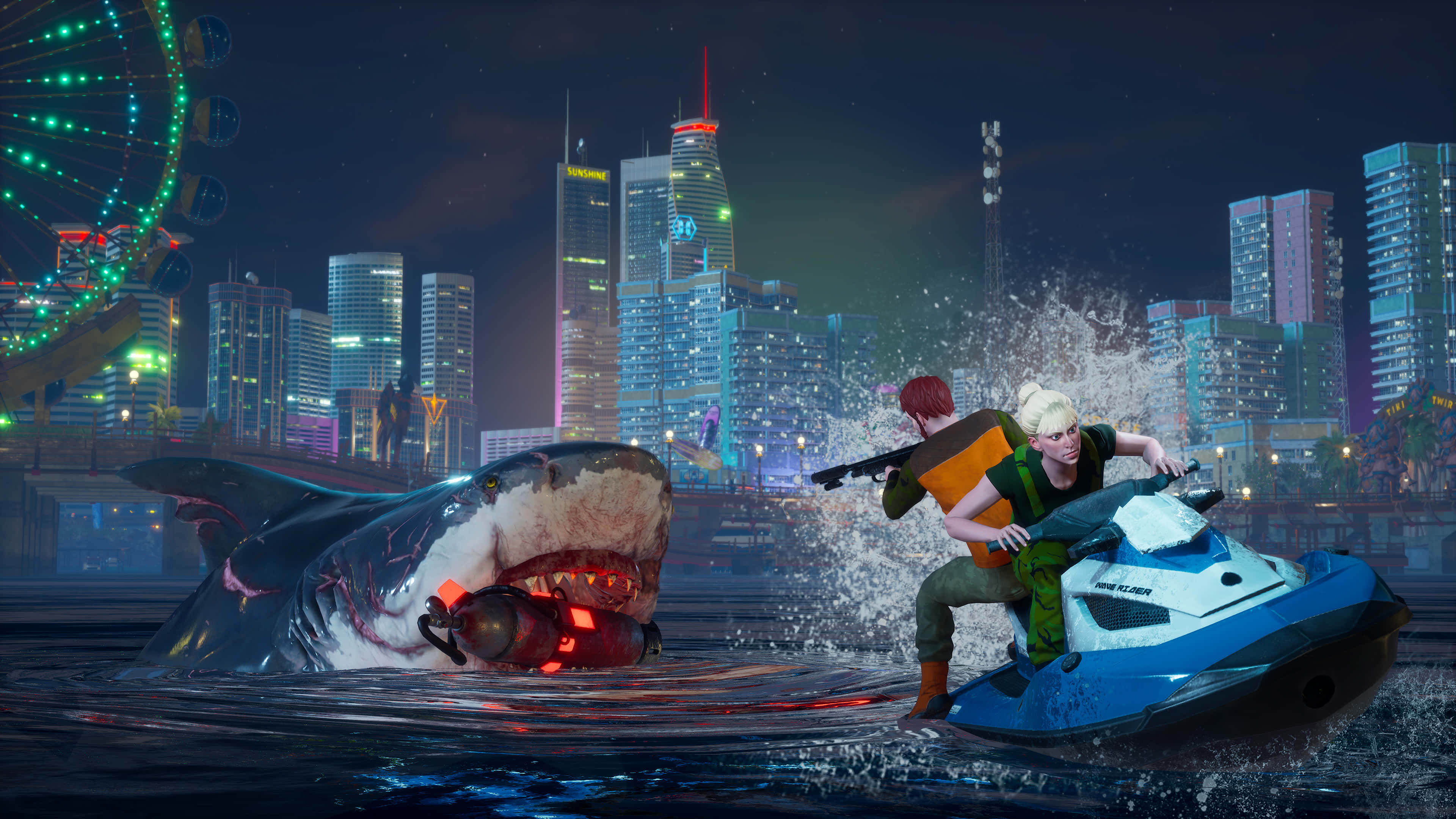 adventure 桌布 壁紙 — 兩名玩家在夜間乘坐水上摩托車，在霓虹燈照亮的城市景觀中與巨型鯊魚搏鬥。