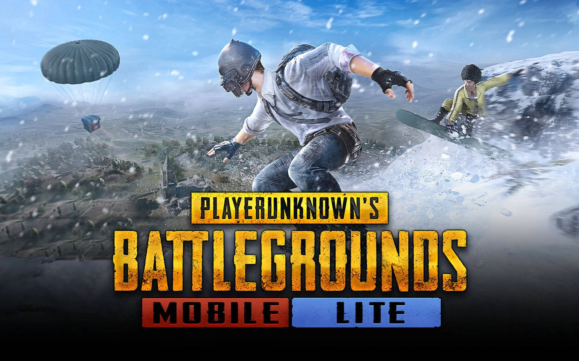 Pubg Logo 桌布 壁紙 — 兩名玩家在雪坡上滑雪，背景中有一個降落傘正在下降。