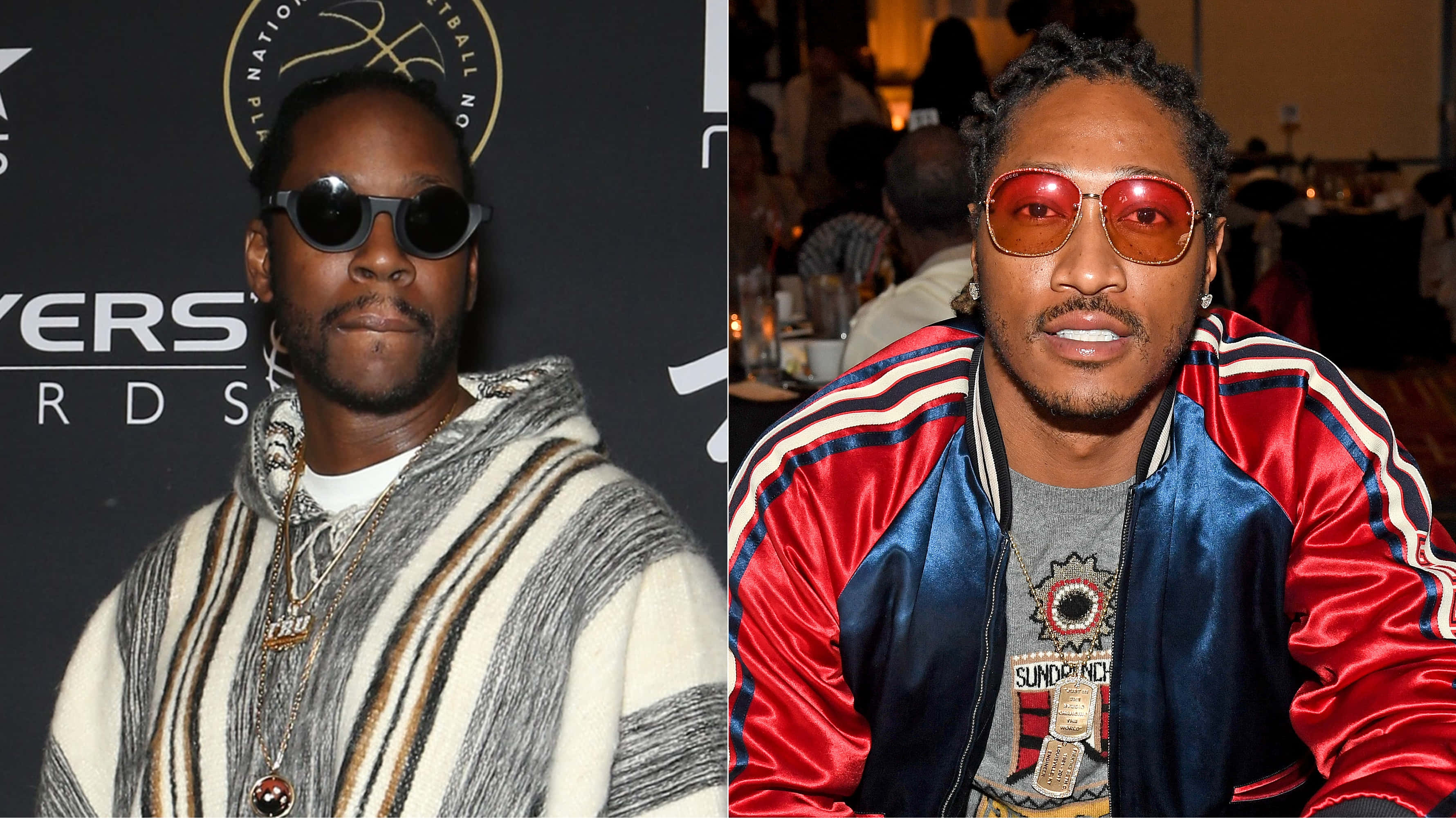 2 Chainz 桌布 壁紙 — 兩名男士在頒獎活動中以時尚造型擺姿勢，一人穿著條紋連帽衫和太陽眼鏡，另一人穿著紅藍色飛行員夾克和紅色反光太陽眼鏡。