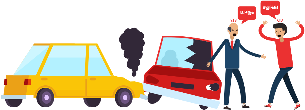 Clip Art 桌布 壁紙 — 兩名男子在一場涉及黃色旅行車和紅色轎車的車禍後憤怒地爭吵，引擎蓋破損並冒煙。
