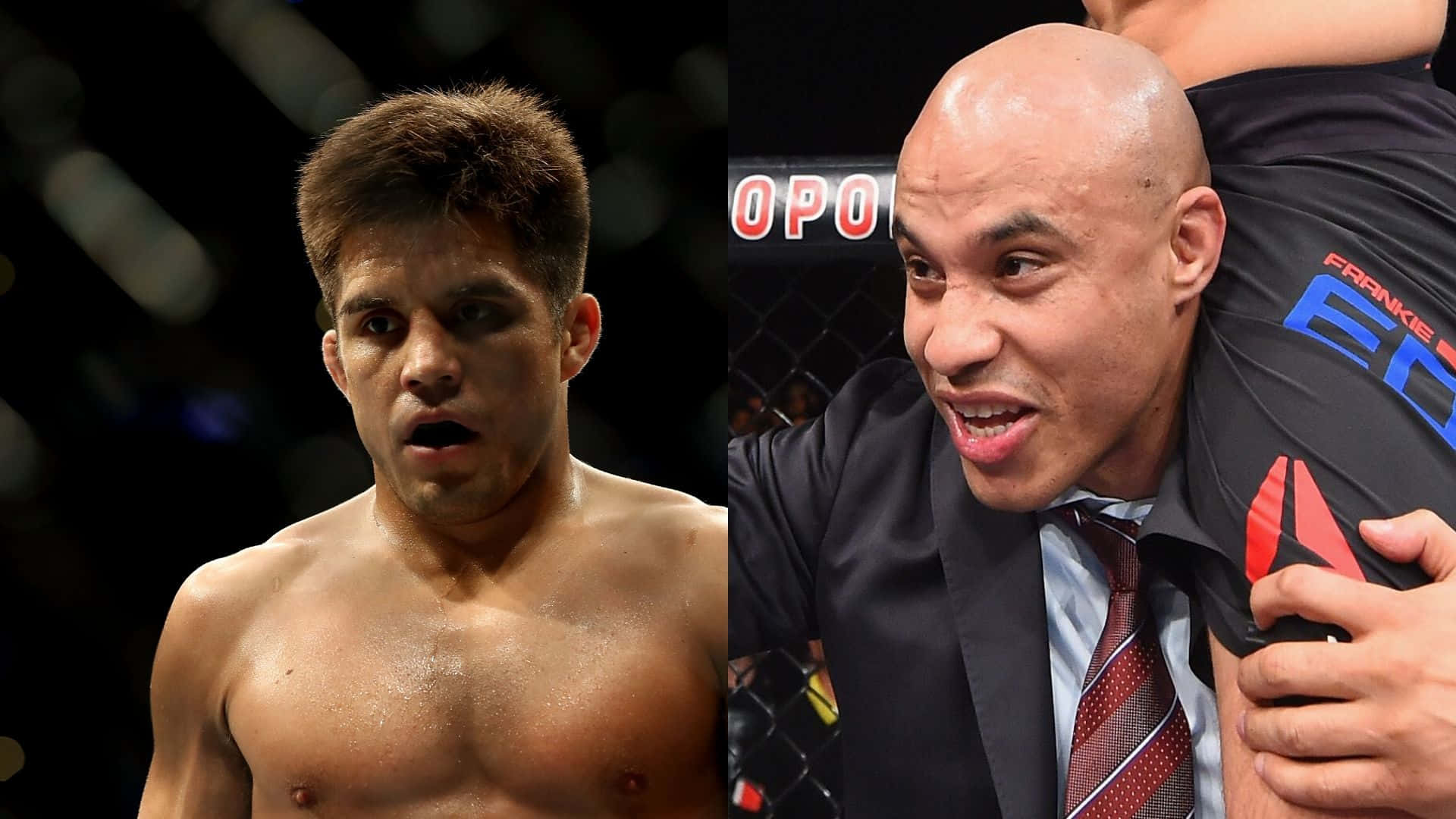 UFC 桌布 壁紙 — 兩名男子在綜合格鬥比賽中，一人赤裸上身流汗，另一人穿著西裝慶祝勝利。