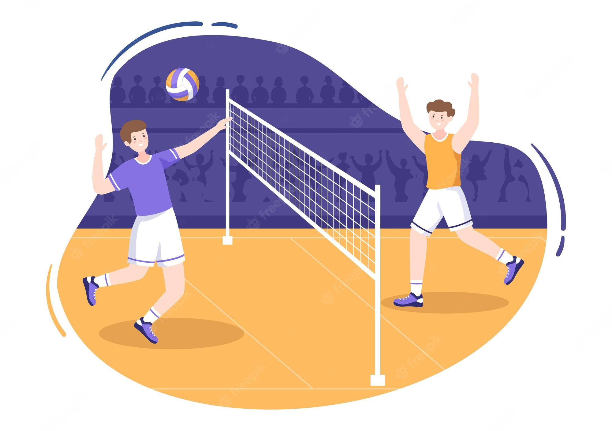 Indoor Volleyball 桌布 壁紙 — 兩名男子排球運動員在橙色球場上以紫色人群為背景進行比賽。