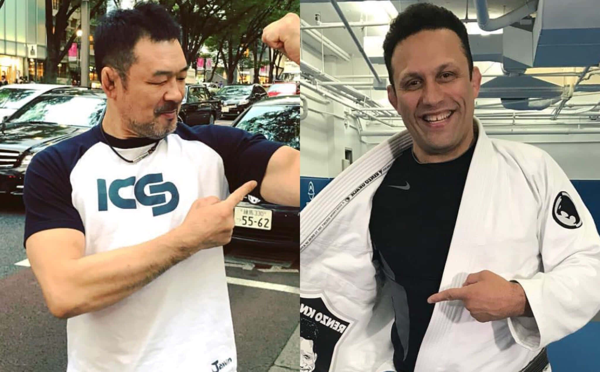 Athlete 桌布 壁紙 — 兩名男子自豪地展示他們肌肉發達的手臂，一個穿著品牌T恤在戶外，另一個穿著柔道服在室內，兩人都自信地微笑。