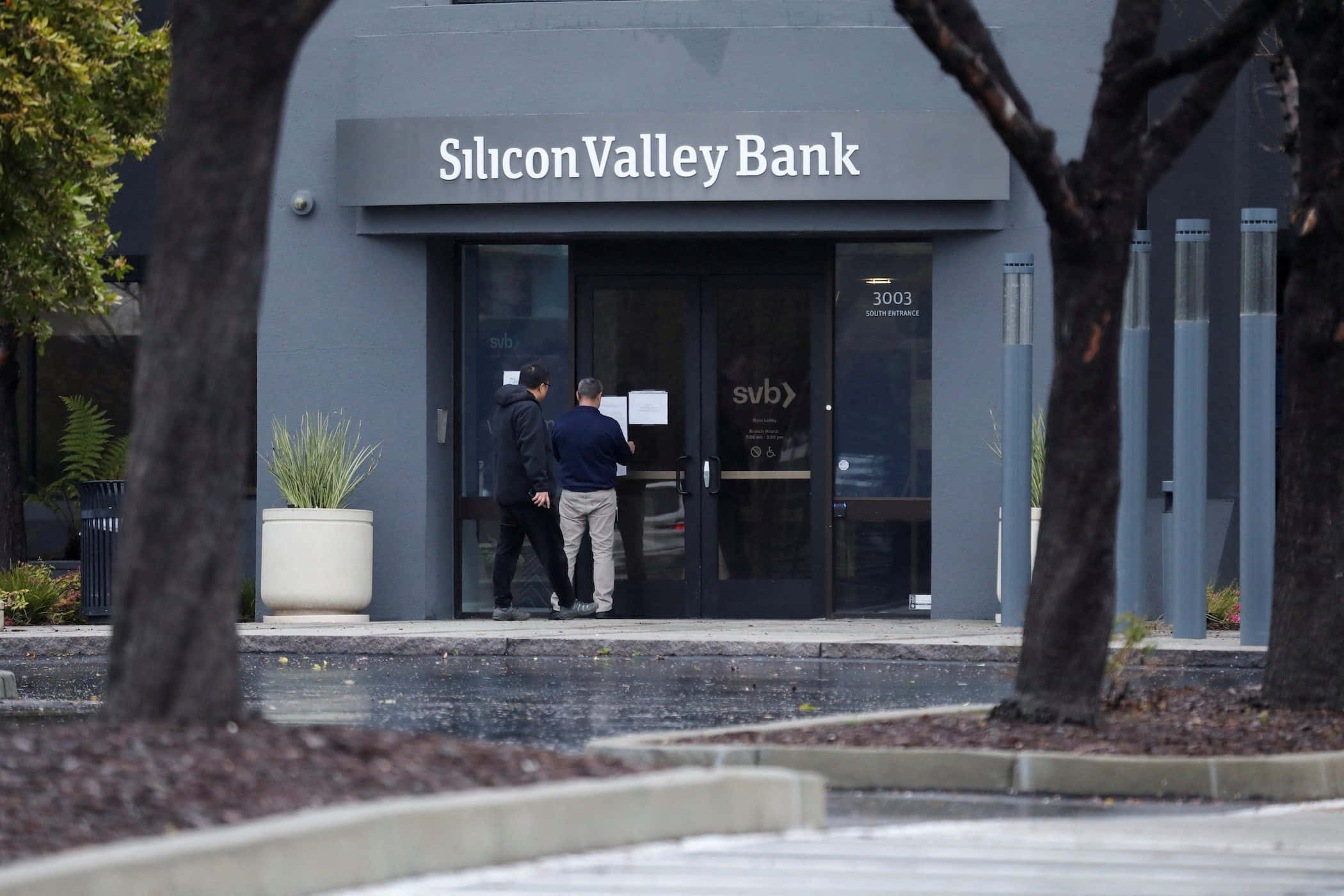 Bank 桌布 壁紙 — 兩名男子走進一座現代灰色矽谷銀行大樓，大樓被樹幹和濕漉漉的人行道環繞。