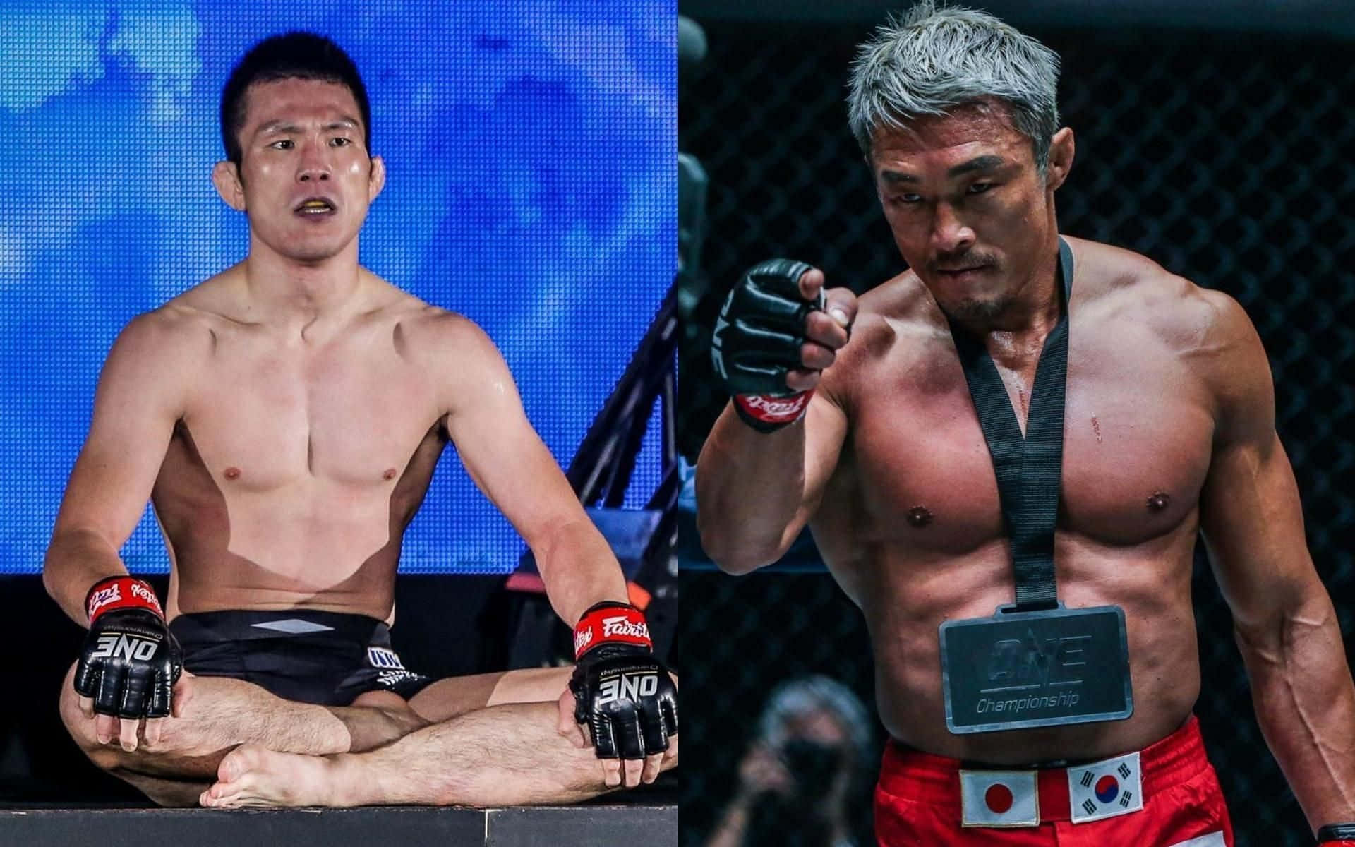 martial arts 桌布 壁紙 — 兩名男性MMA拳手，一人以蓮花坐姿冥想，另一人擺出戰鬥姿勢，兩人均戴手套及冠軍腰帶。