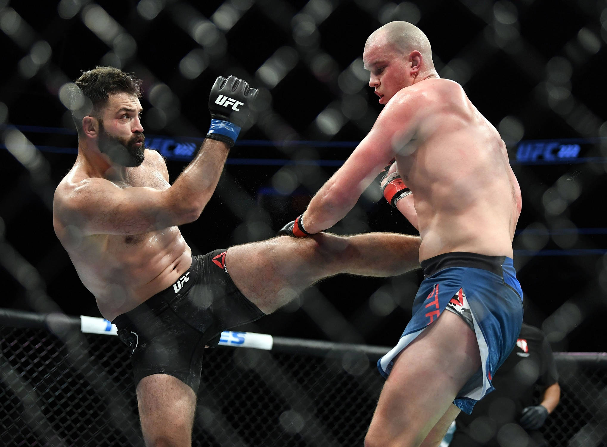 UFC 桌布 壁紙 — 兩名男性MMA拳手在八角籠中交鋒，一人使出高踢，另一人則阻擋，形成一個動態的戰鬥瞬間。