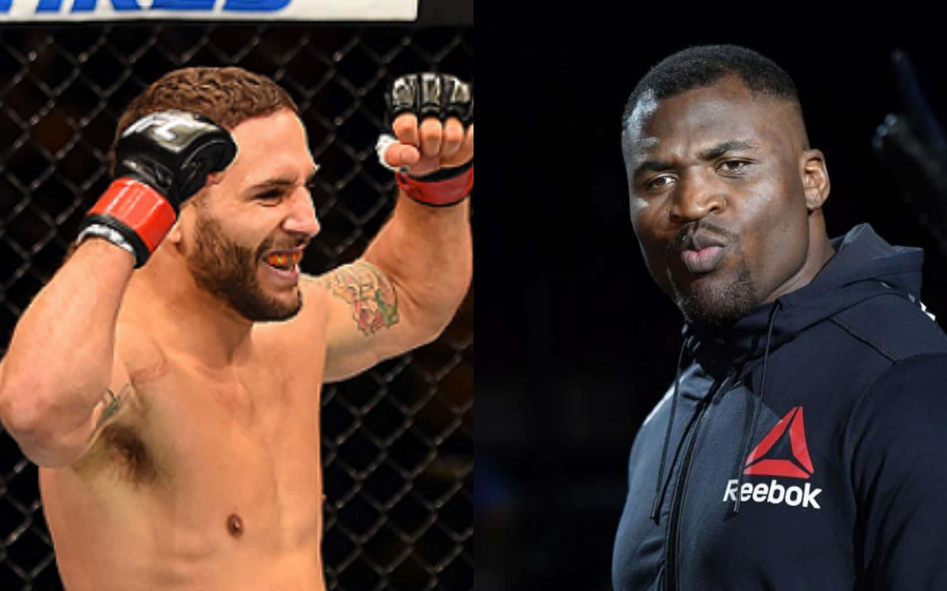 MMA 桌布 壁紙 — 兩名男性拳手，一人在八角籠中慶祝，另一人穿著連帽衫表情嚴峻