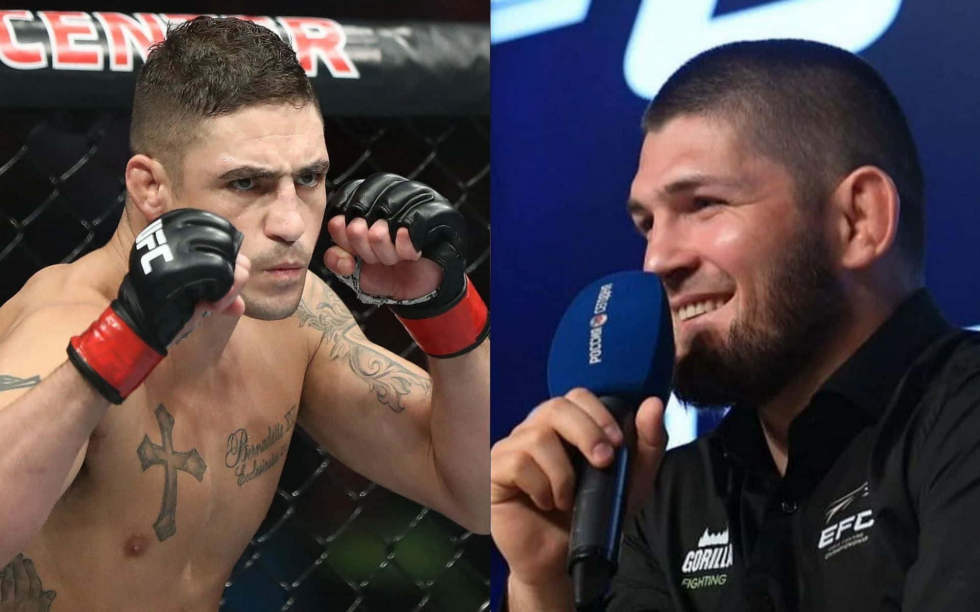 MMA 桌布 壁紙 — 兩名男性拳手，一名擺出八角籠姿勢，另一名微笑手持麥克風出席記者會。