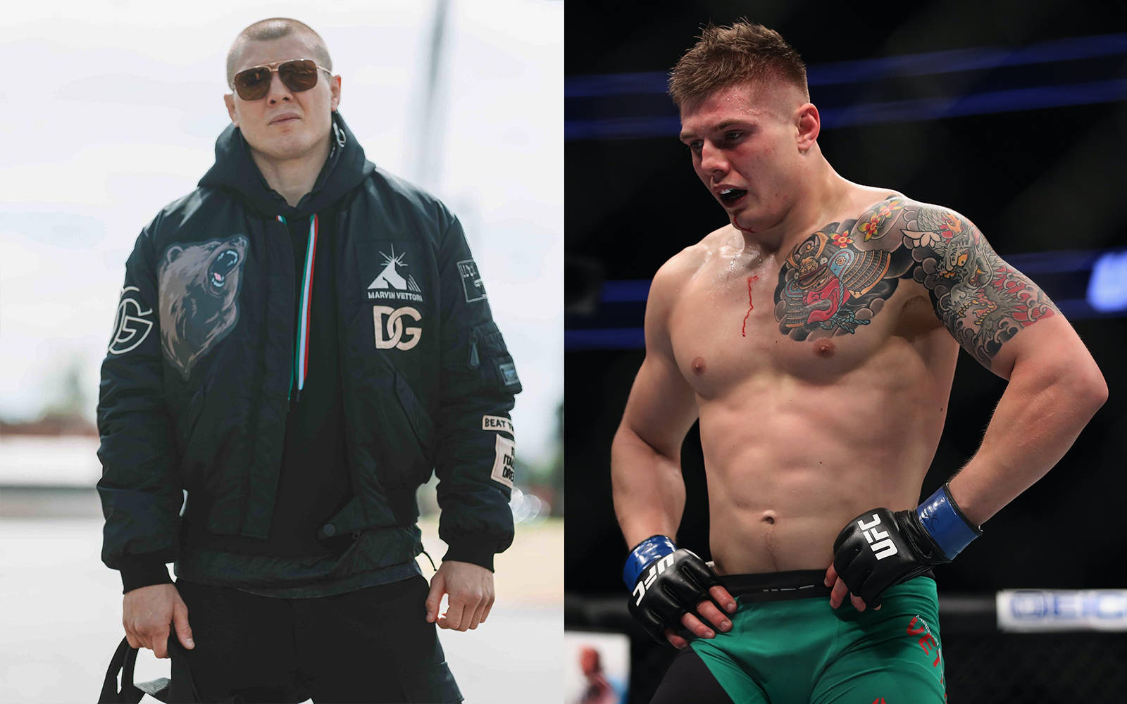 UFC 桌布 壁紙 — 兩名男性拳手，一名穿著品牌外套在戶外，另一名赤裸上身，手臂有刺青，在八角籠內。