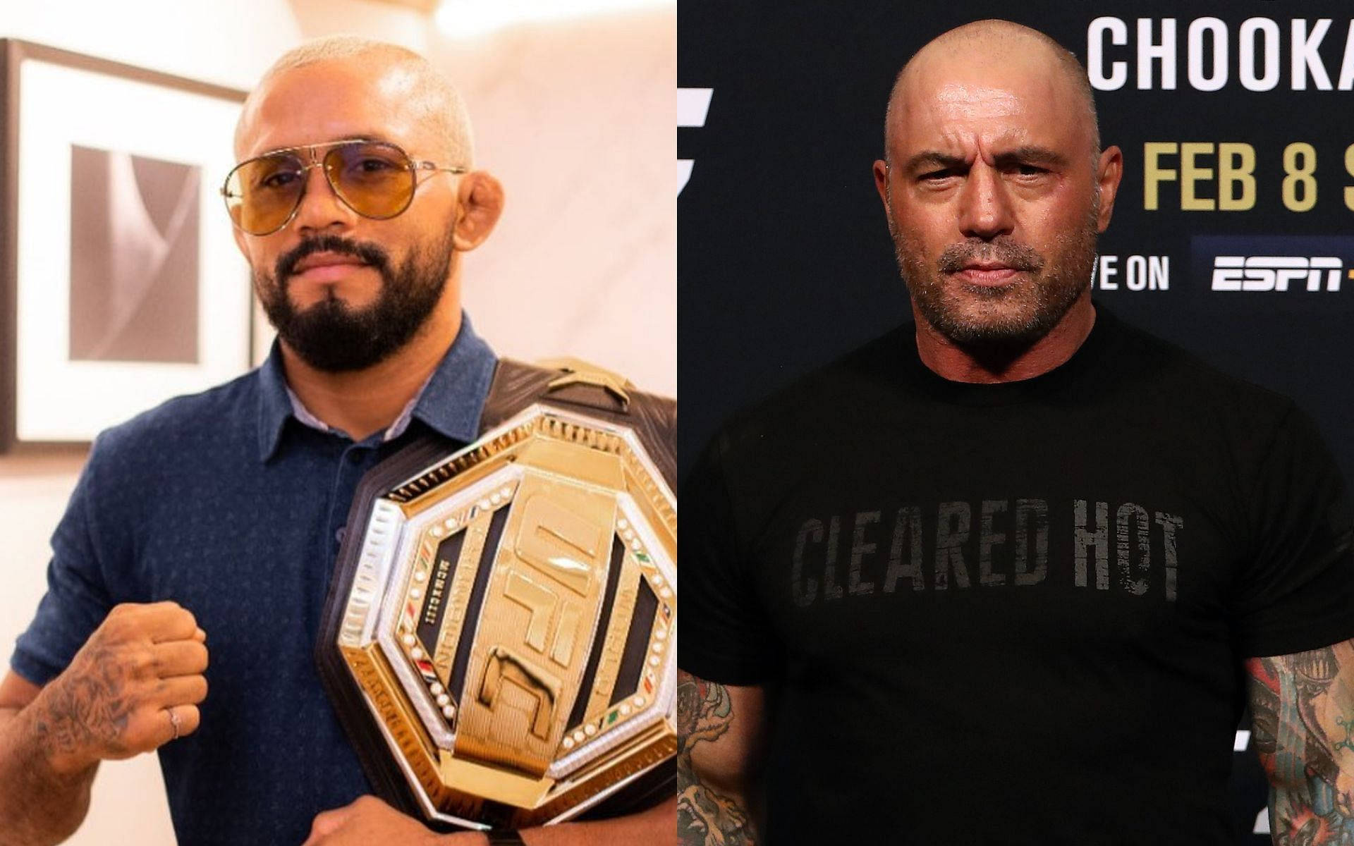 UFC 桌布 壁紙 — 兩名男性拳手並排擺姿勢，一人手持UFC冠軍腰帶，另一人穿著黑色T恤，紋身清晰可見。