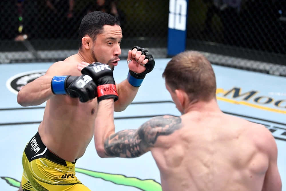 UFC 桌布 壁紙 — 兩名男性拳手在UFC八角籠中交鋒，一人出拳，另一人以有刺青的手臂阻擋。
