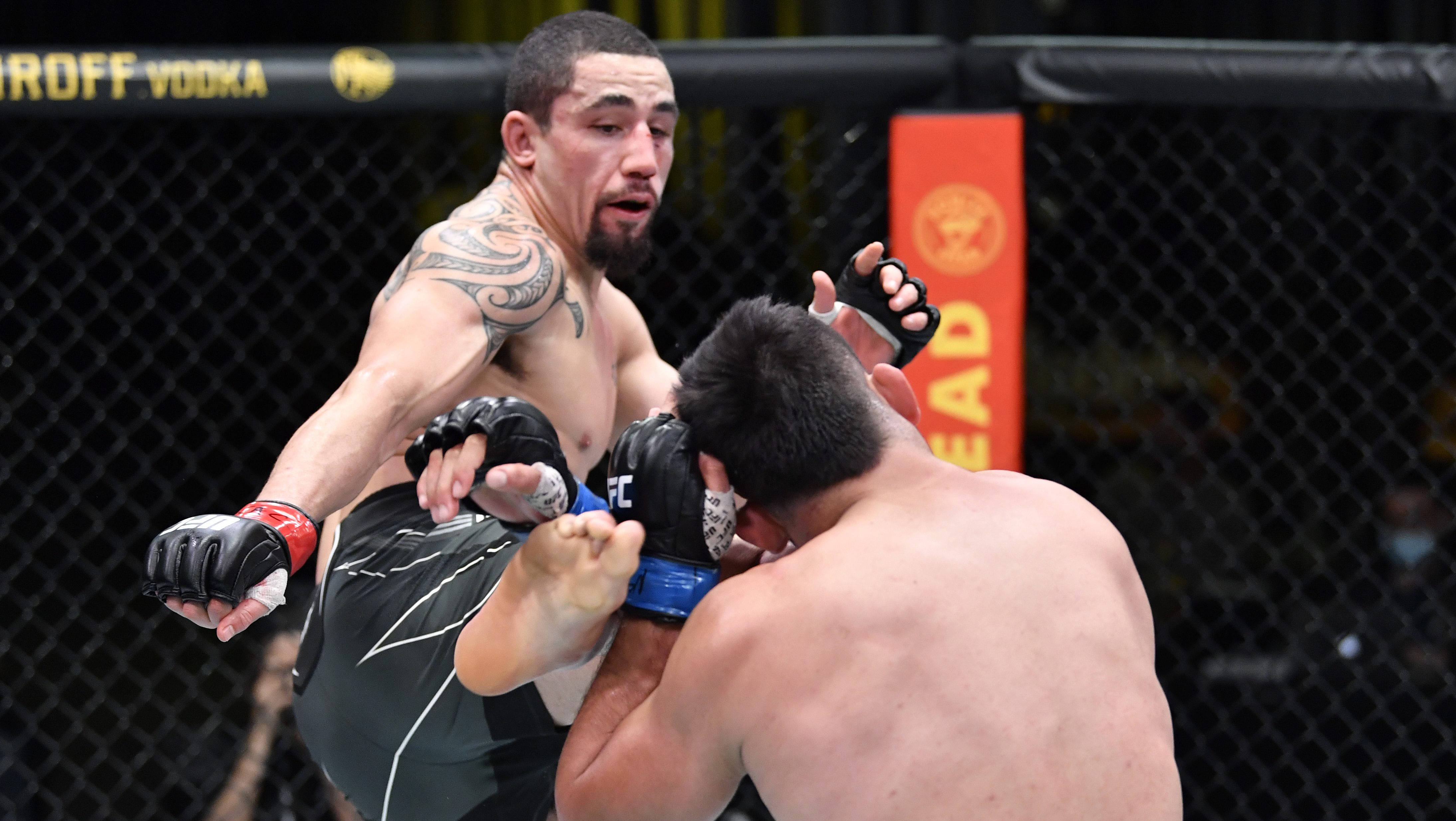 UFC 桌布 壁紙 — 兩名男性拳手在一個MMA八角籠內激烈纏鬥，圍欄上可見贊助商標誌。
