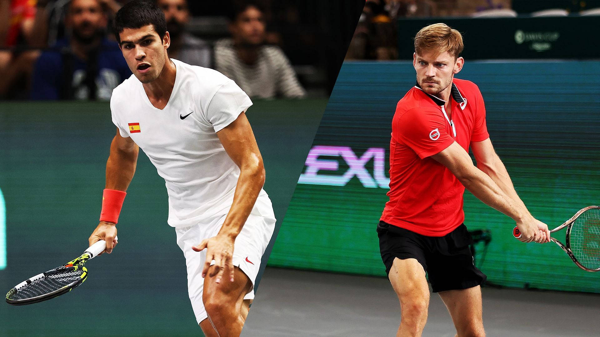 Tennis 桌布 壁紙 — 兩名男性網球選手在硬地球場上激烈對戰，一人身穿白色球衣帶有西班牙國旗，另一人身穿紅色球衣，兩人都高度專注。