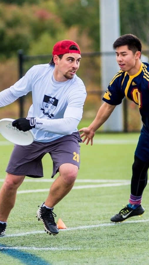 Android Ultimate Frisbee 桌布 壁紙 — 兩名男性運動員在綠色草地上激烈競爭，一人投擲白色飛盤，另一人防守。