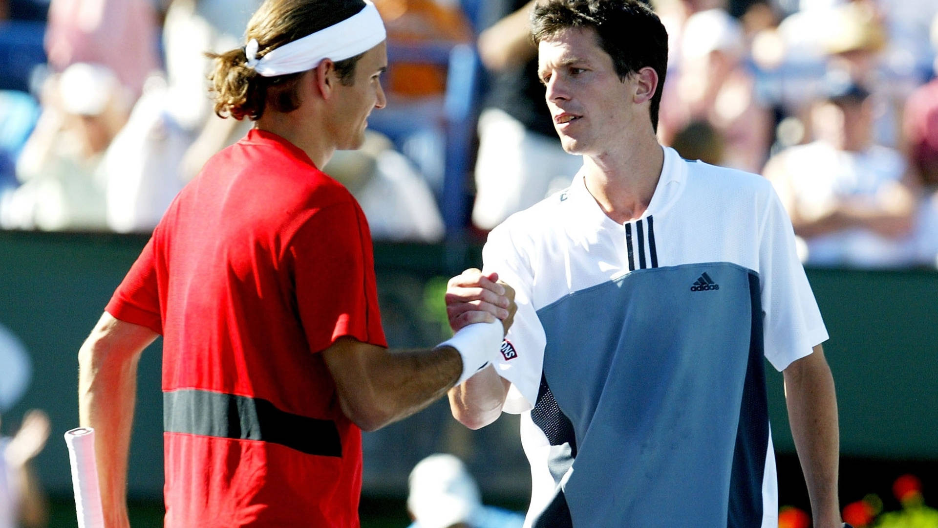Tennis 桌布 壁紙 — 兩名男網球選手在陽光照耀的球場上握手，背景觀眾模糊。