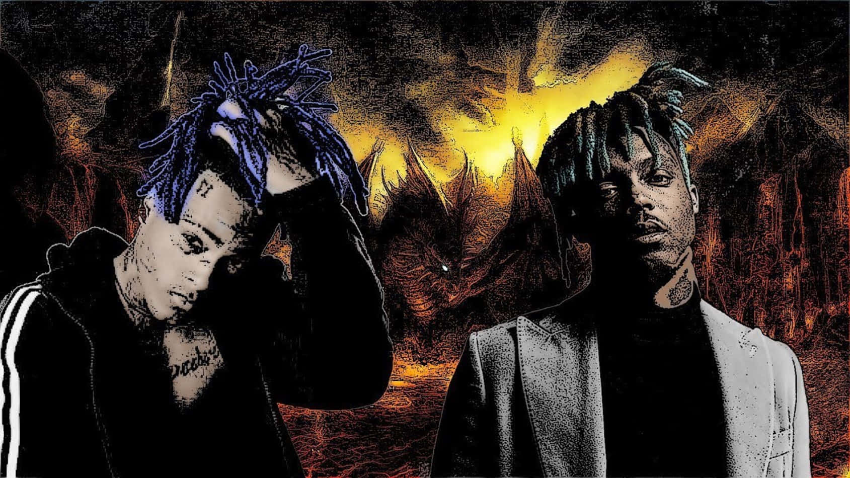 Rappers 桌布 壁紙 — 兩名留著辮子頭的男人站在一個熾熱惡魔般的風景前，天空泛著黃光。