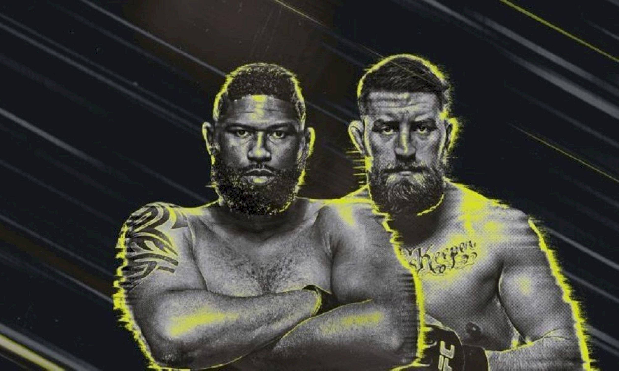 UFC 桌布 壁紙 — 兩名留鬍鬚的肌肉發達戰士在黑暗背景上，胸前對胸前站立，帶有發光的黃色輪廓和條紋。