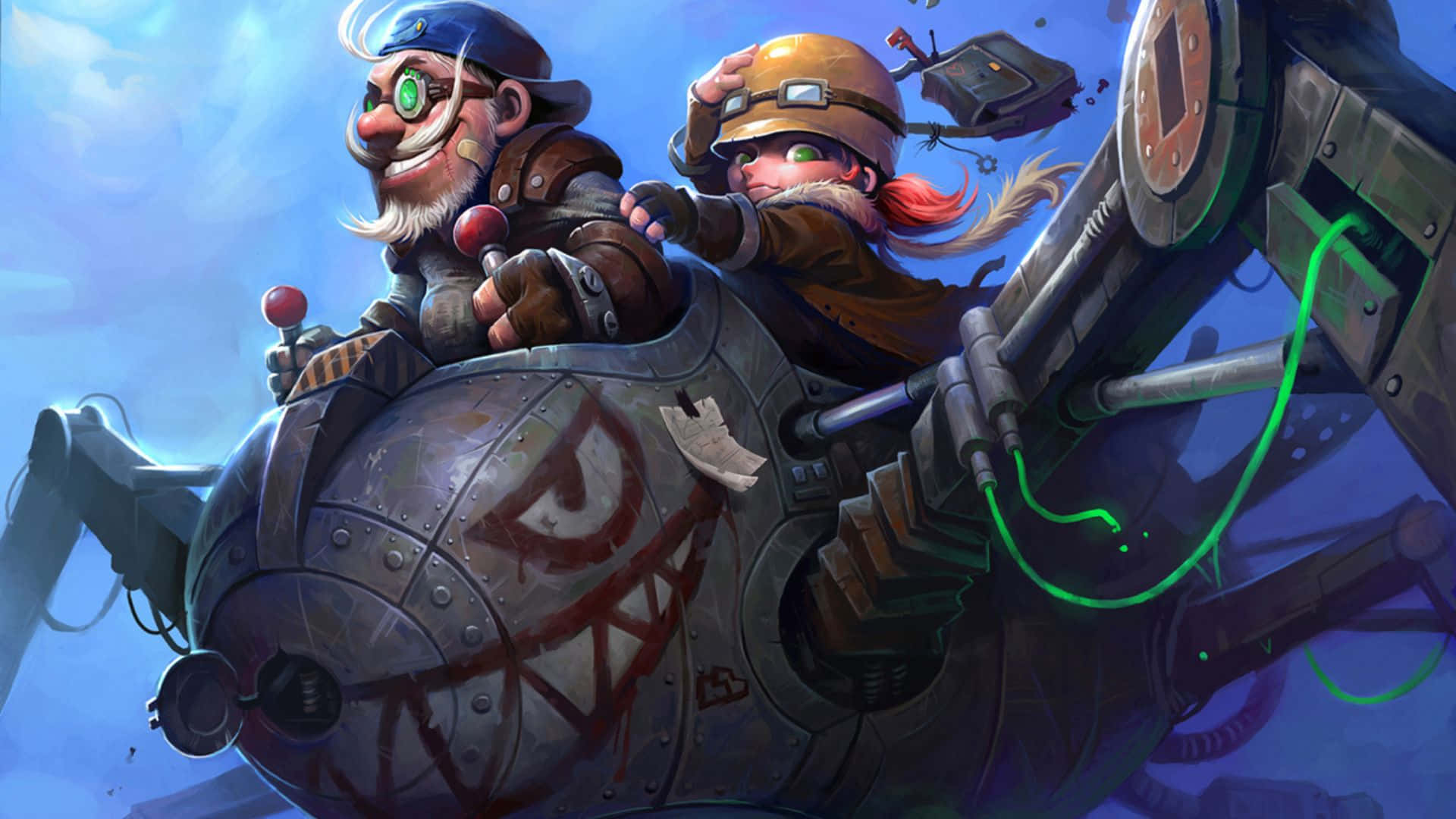 World Of Warcraft Races 桌布 壁紙 — 兩名眼睛發光的蒸氣龐克飛行員駕駛機械飛機穿過佈滿綠色能量電纜的多雲天空。