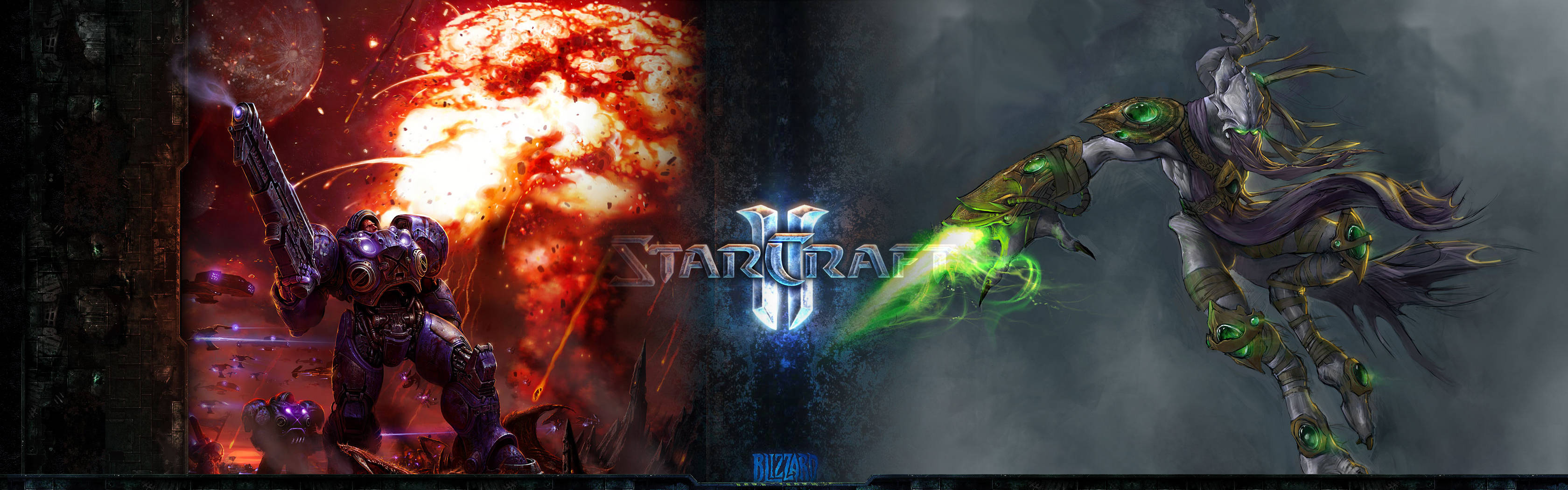 Starcraft 2 桌布 壁紙 — 兩名科幻戰士在熾熱的宇宙戰場上交鋒，手持發光的能量武器和發光的StarCraft標誌。