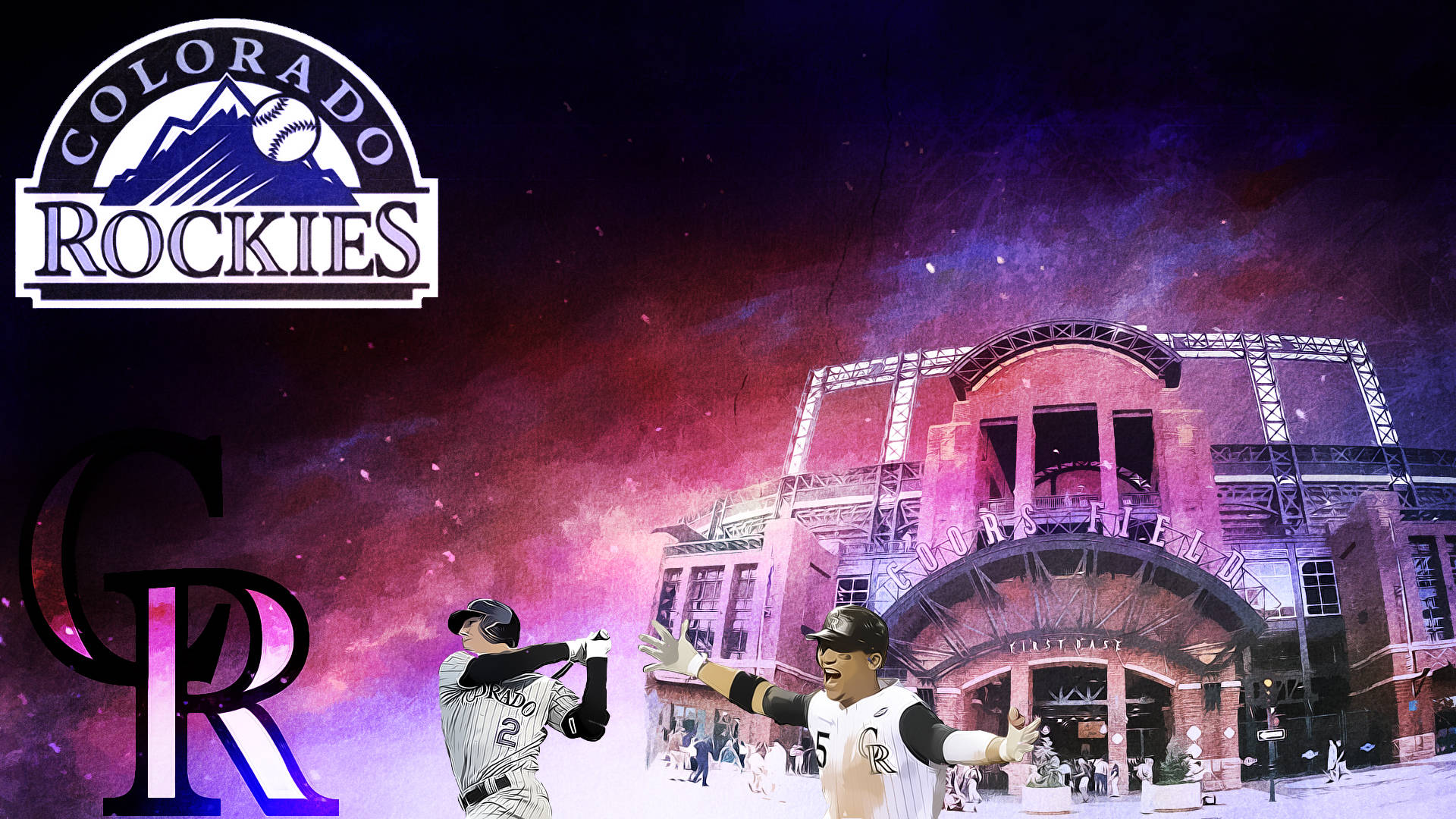 Rockies 桌布 壁紙 — 兩名科羅拉多洛磯隊棒球選手在庫爾斯球場前，在充滿活力的宇宙天空下慶祝，帶有球隊標誌和風格化的「CR」徽章。