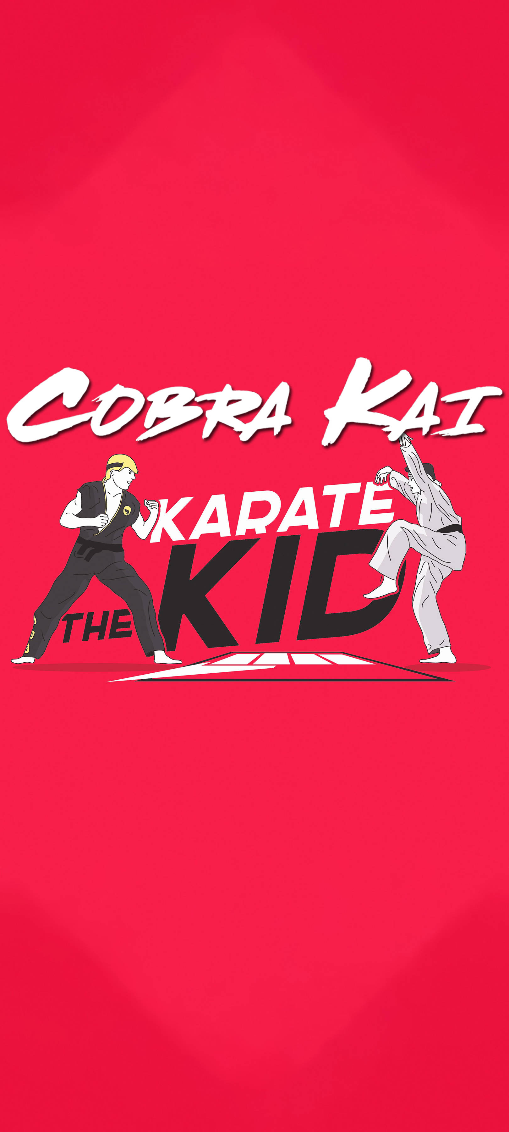 Karate 桌布 壁紙 — 兩名空手道戰士在鮮紅色背景下擺出動態姿勢，帶有「Cobra Kai」和「The Karate Kid」文字。