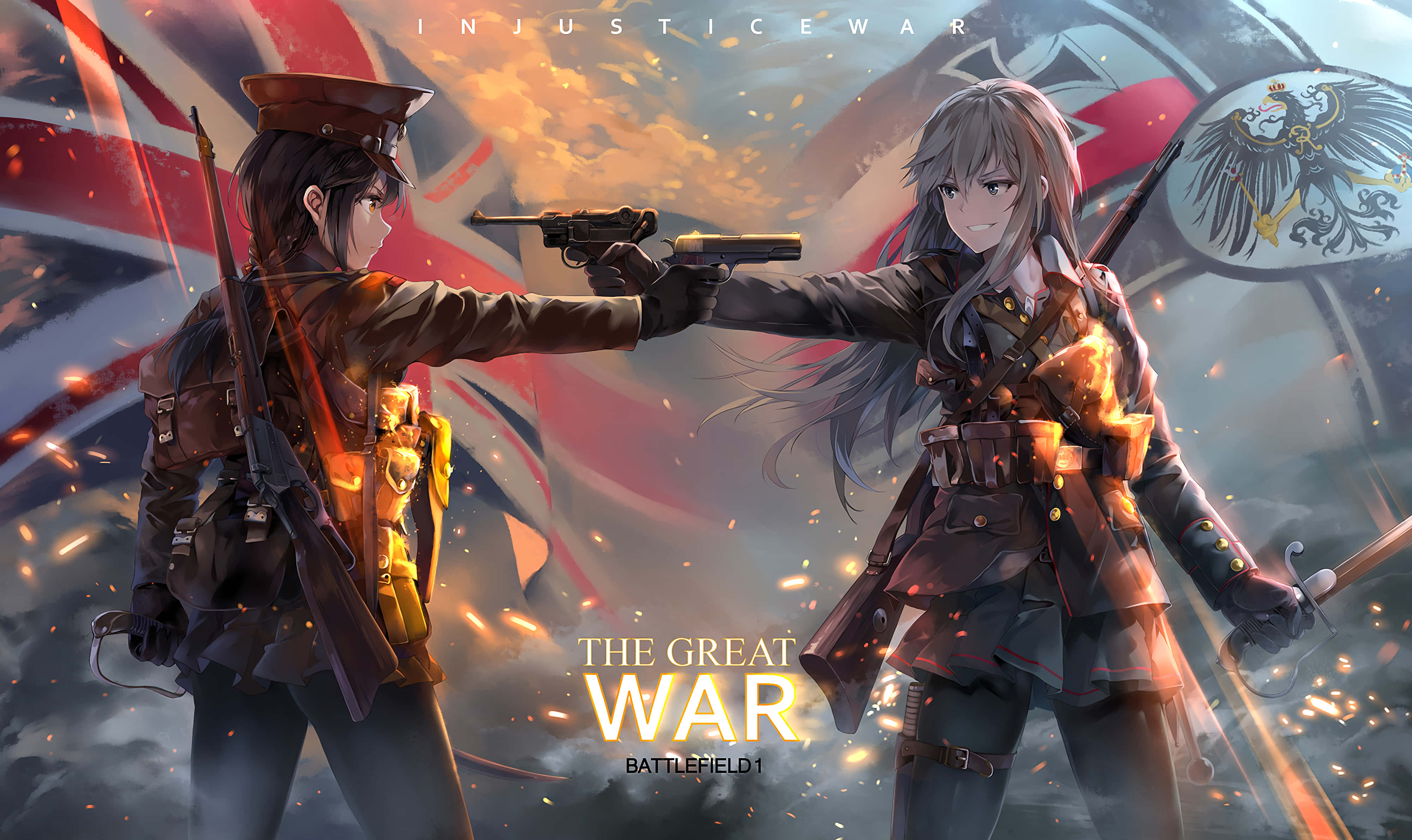 4K Battlefield 桌布 壁紙 — 兩名穿著一戰制服的動漫士兵在國旗的火焰背景下拔槍對峙。